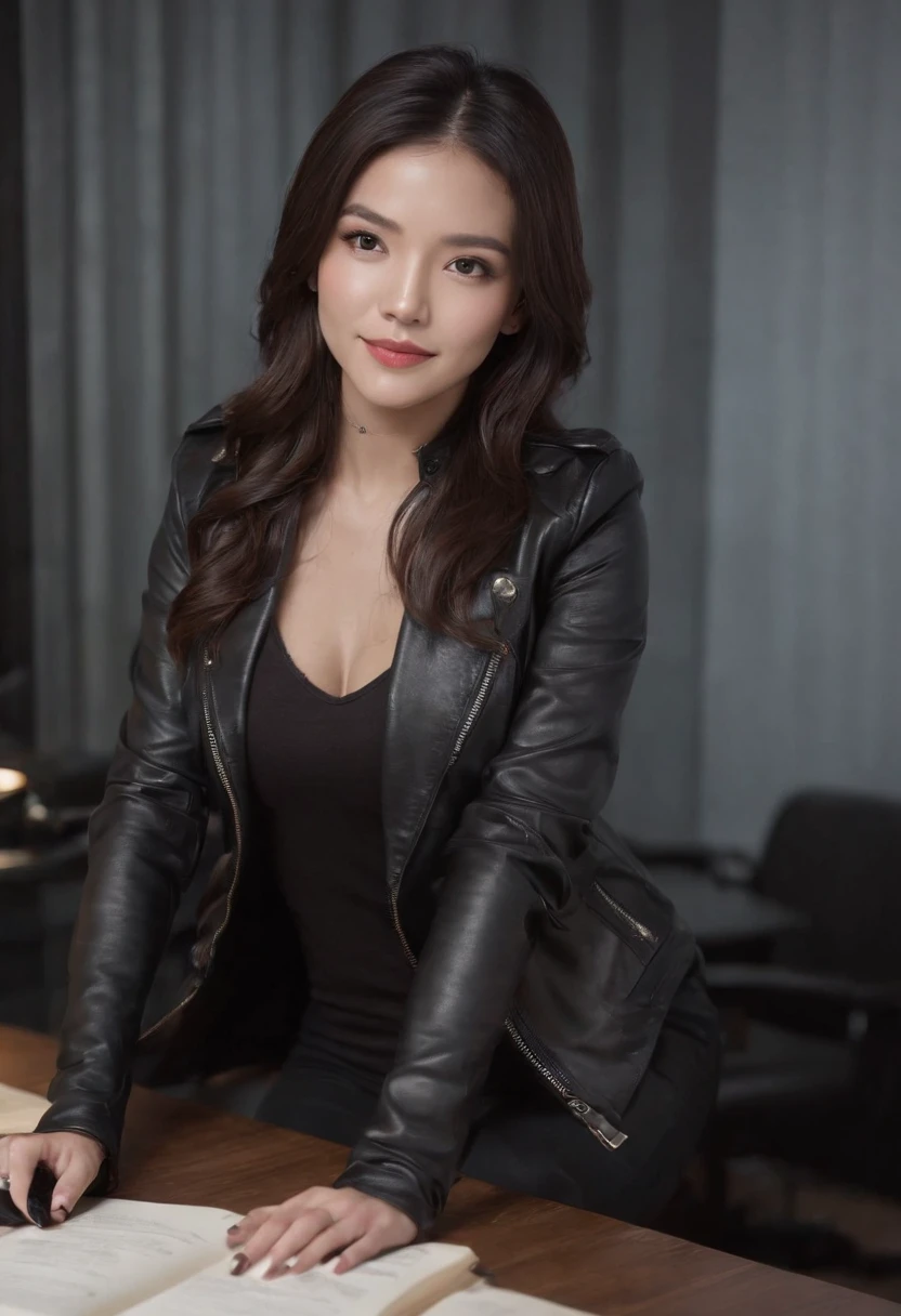 Wearing black leather gloves in both hands Upper body Black leather riders jacket Black leather skinny pants Black leather long boots Necklace on the chest Smiling at the desk in the modern study in the dark, long straight black hair Young Japanese woman (black leather gloves cover both hands) With the fingers of black leather gloves, sitting on a leather chair, working on the computer, staring at the screen