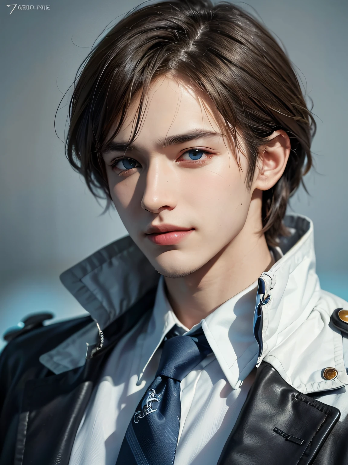 1boy, 17 years old, teenager, light brown hair, azure blue eyes, lakeshore, solo focus teenager face, white shirt, handsome, smiling, realistic, dynamic pose realistic, detailed and correct facial structure, LEON S. KENNEDY, handsome, extremely detailed, dynamic angle, cowboyshot, the most beautiful form, elegant, vivid colours, romanticism, by james jean, roby dwi antono, ross tran, francis bacon, michal mraz, adrian ghenie, petra cortright, gerhard richter, takato yamamoto, ashley wood, atmospheric