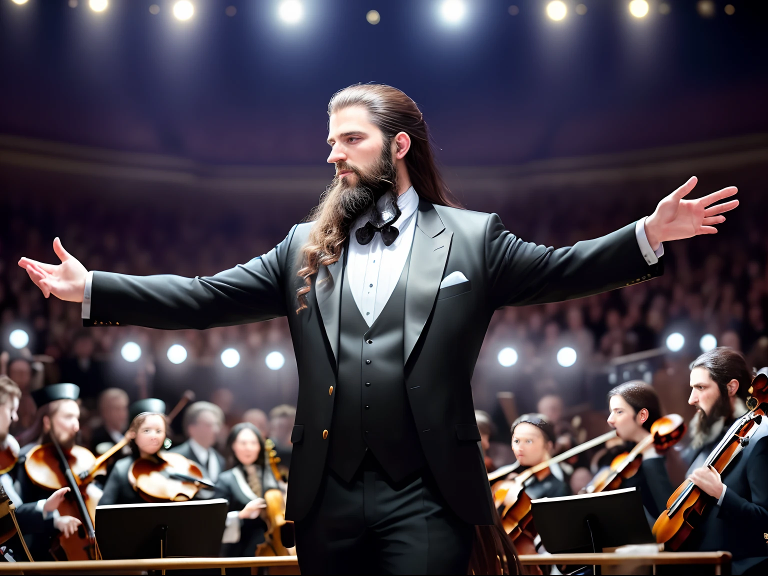 realistic photo of 1man, black and white suit, old, long hair, beard, standing, wringkles, sideview, (((music conductor))) , musical, crowd, (music show), (orchestral hall), zoom view, (floating white music notes in the air:1)