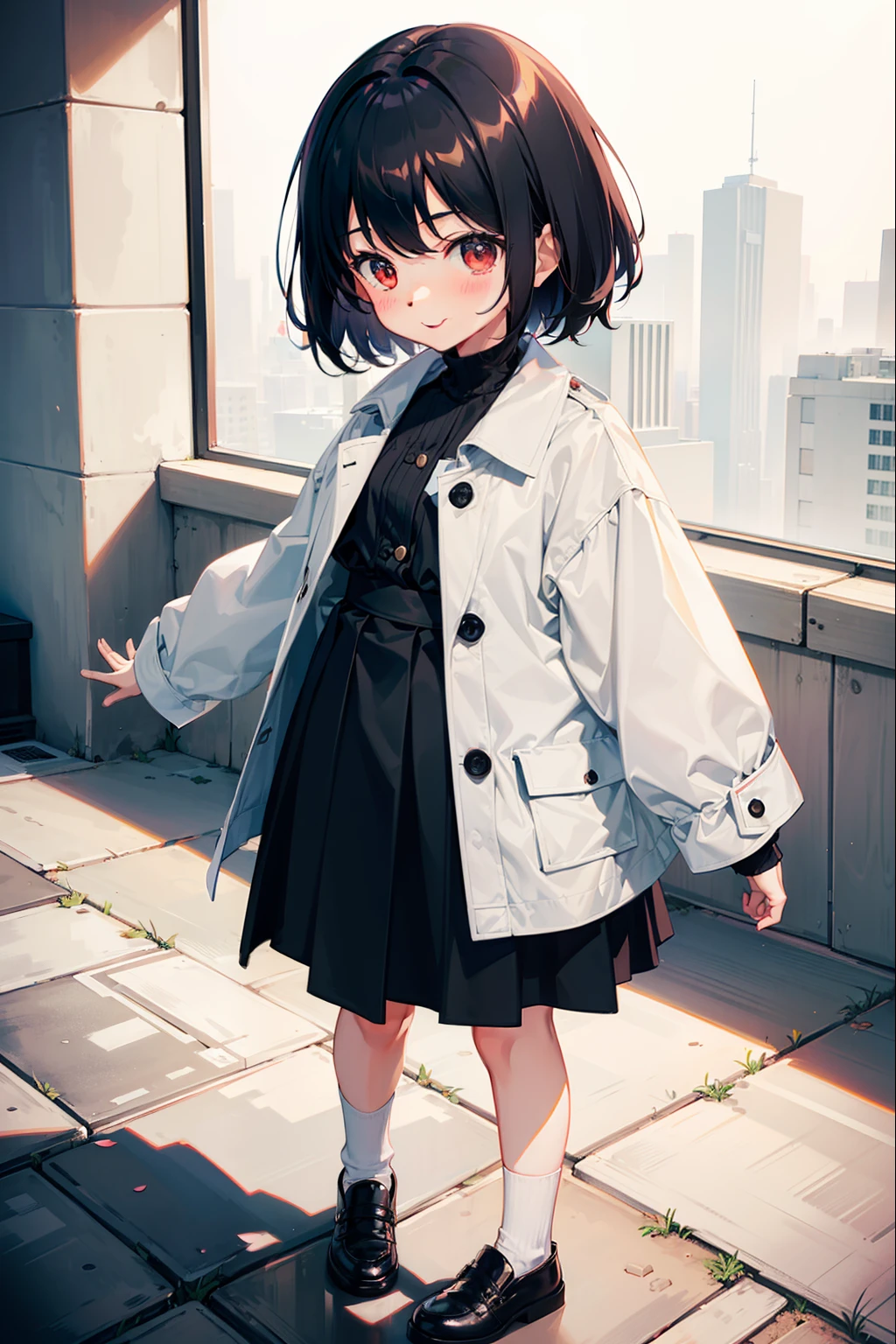 1 girl, , (3 yearsort hair, black hair, red eyes, wide smile, immense blushing, arms wide, standing, coat, skirt, white socks