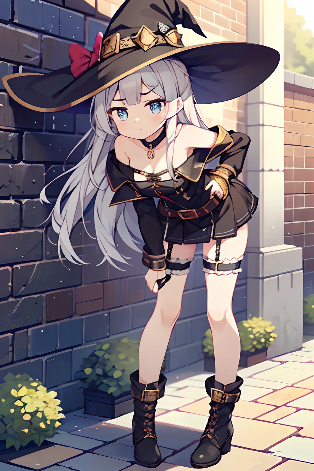 (1girl in:1.2), (Solo:1.2) , nffsw, Shaders, Brilliant Textured Work, Ultra-detailed eyes, ultra-intricate pupil in eyes, top-quality, full body, witch's hat, Leather belt on hat, Gray hair, long hair, Smooth straight hair, deadpan, No emotion, Gray eyes, a closed mouth, witch clothing, miniskirt, off shoulder, Witch's Boots, looking at viewer, Stone wall, Brick floor, 小柄, , large breasts, (garter ring:1.3), slim body, slim legs, collarbones, jitome, (V-sharped eyebroe:1.4), bent over,