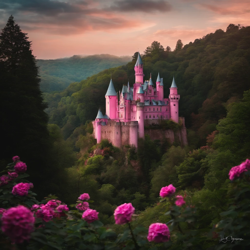 Fundo com castelo rosa , floresta, filme, infantil