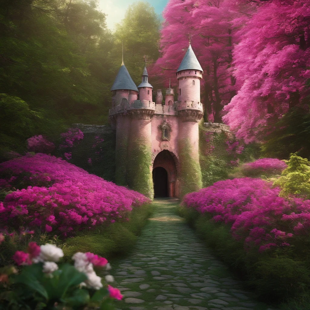 Fundo com castelo rosa , floresta, filme, infantil