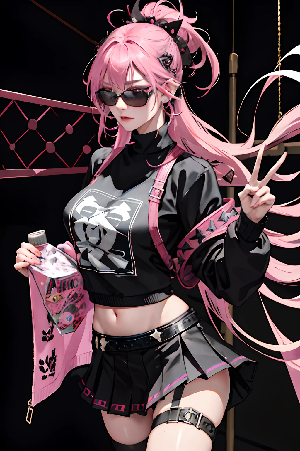 (masuter piece:1.2、top-quality)、(Live action、Intricate details)、(1lady、独奏、The upper part of the body、Colossal tits) garments: Edgy、Black jumper、Pink mini skirt、Avant-garde、Experimental appearance: Long pink hair、Dramatic makeup、Unconventional fashion choices behavior: Rebel、Runaway Ladies Leader、secretary-general、Black jumper、Pink mini skirt、Anti-system、Provocative Location: urban art district、Underground Music Scene Hobbies: Bad girl、Create mixed media art、Experiment with different subcultures values: individuality、authenticity、Creative Expression Inspiration: Runaway Ladies Leader、secretary-general、Counterculture icons、Nature: boldness、Unconventional。