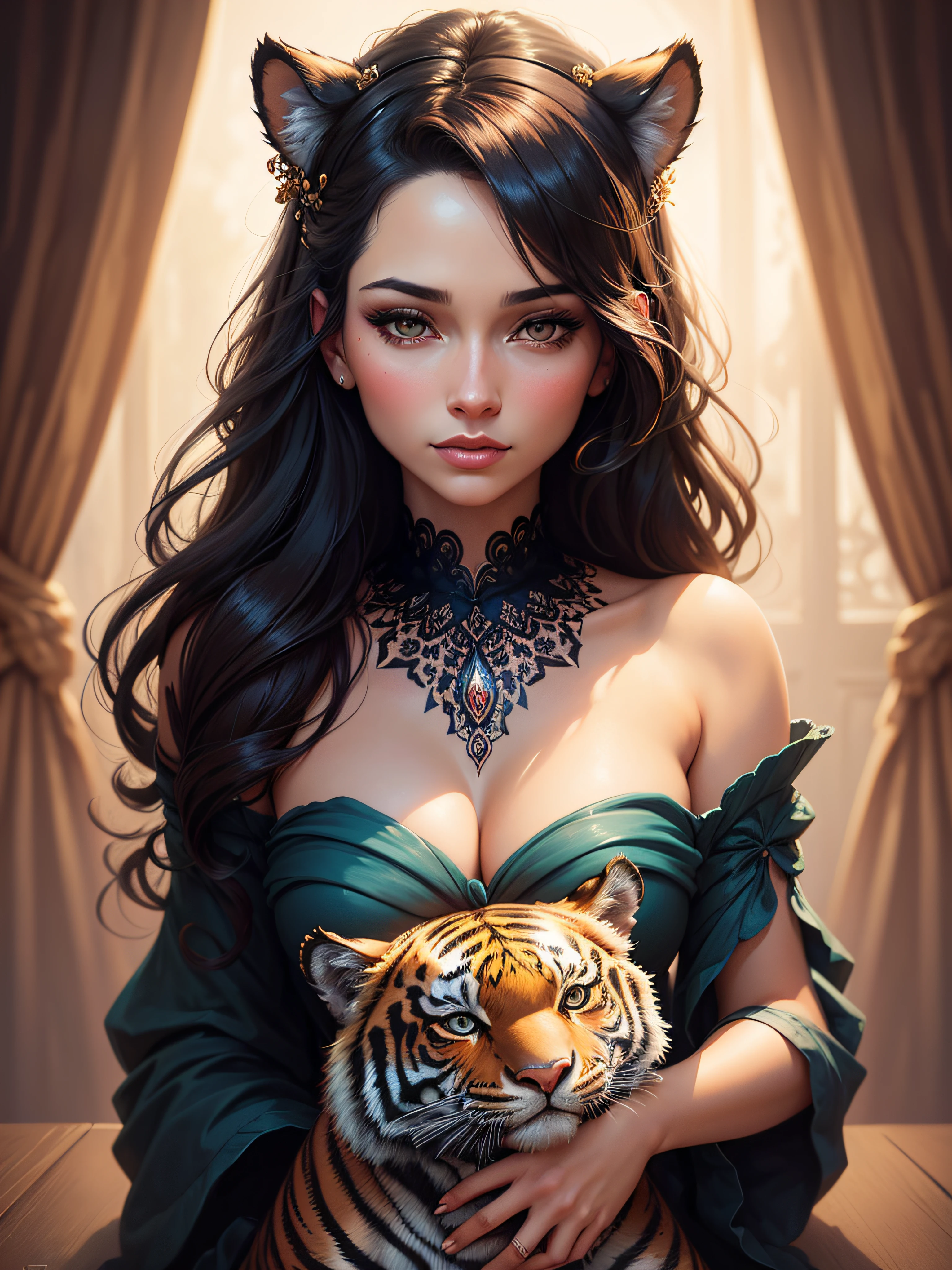 painting of a woman with a tiger on her head, stunning digital illustration, beautiful digital illustration, exquisite digital illustration, in style of digital illustration, beautiful digital artwork, beautiful gorgeous digital art, gorgeous digital art, stunning digital painting, gorgeous digital painting, in style of digital painting, beautiful digital art, beautiful digital painting, digital fantasy portrait, lois van rossdraws
