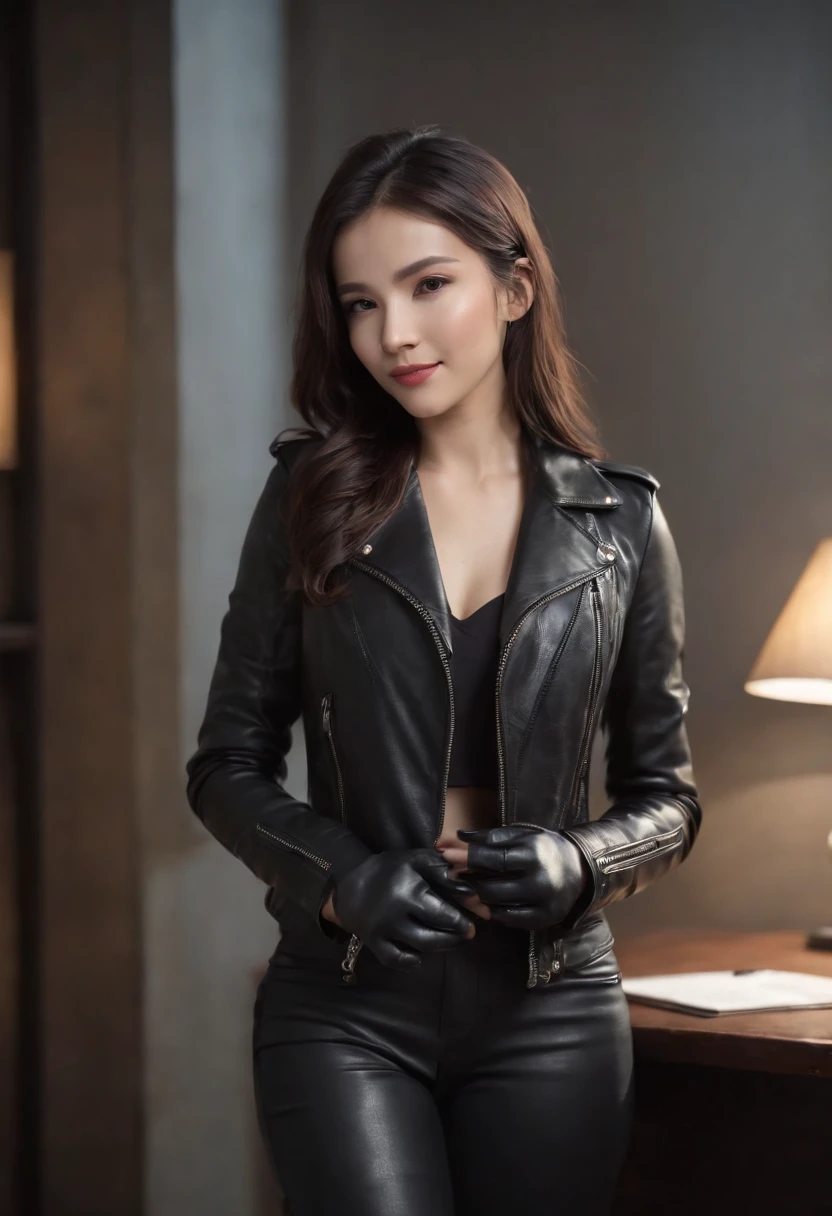 Wearing black leather gloves in both hands Upper body Black leather riders jacket Black leather skinny pants Black leather long boots Necklace on the chest Smiling at the desk in the modern study in the dark, long straight black hair Young Japanese woman (black leather gloves cover both hands) With the fingers of black leather gloves, sitting on a leather chair, working on the computer, staring at the screen