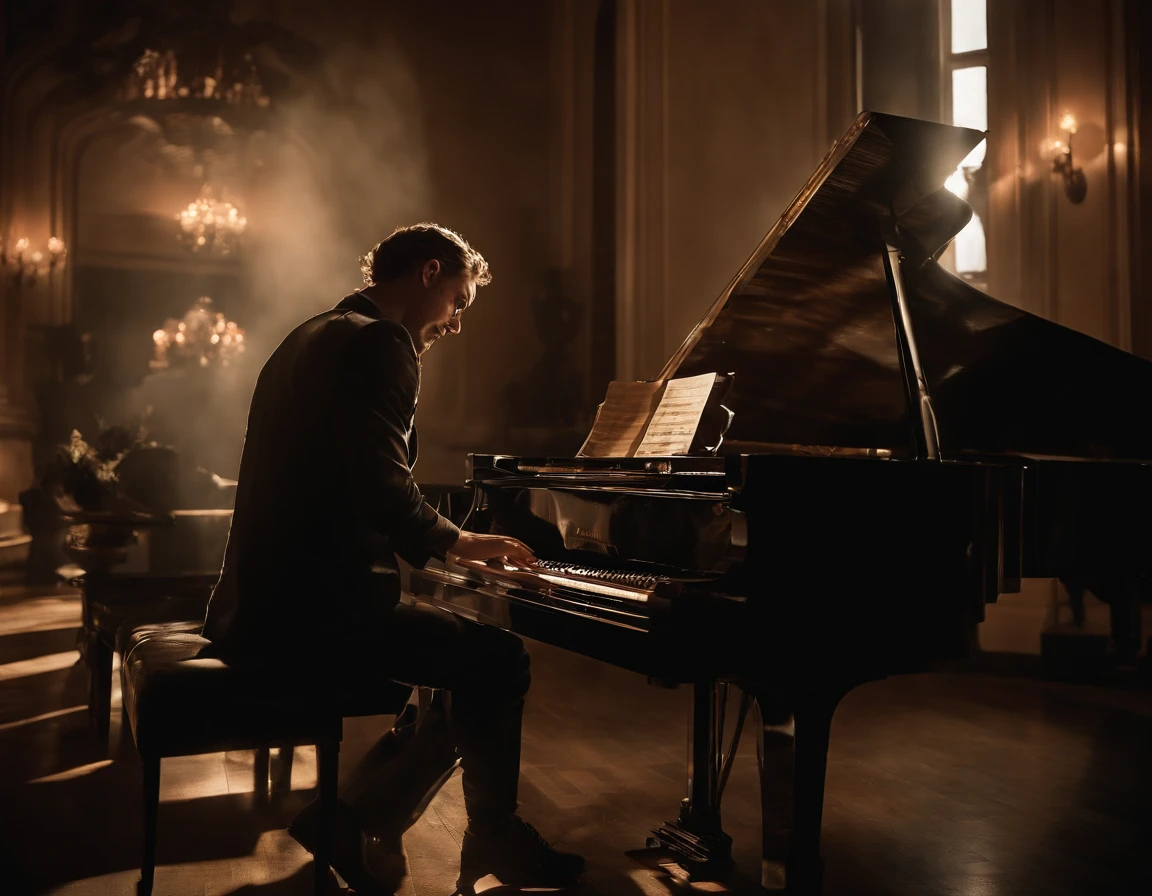Photography capturing the enchantment of a live musical performance. The image showcases a talented musician, their hands gracefully gliding across the piano keyboard, producing harmonious melodies. The stage is bathed in warm stage lighting, casting dramatic shadows and creating an intimate ambiance. The composition is a close-up shot, focusing on the intricate finger movements and the musician's intense concentration. This photograph captures the essence of musical artistry, evoking a profound emotional response. Photographed by the renowned music photographer David LaChapelle, known for his striking visual narratives