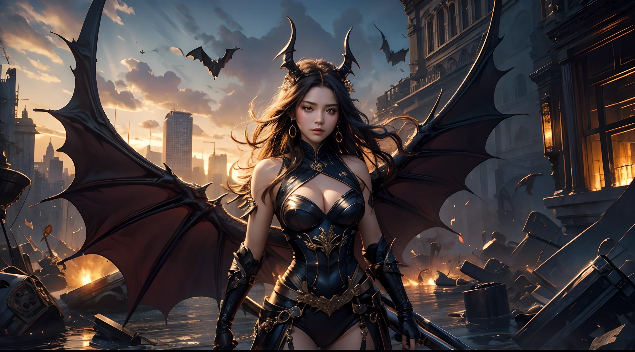 tmasterpiece,top-quality,best qualityer,offcial art,Beauty and aesthetics:1.2),(tmasterpiece:1.3), (8K, realisticlying, RAW photos, best qualtiy: 1.4), beauitful face, (photorealiscic face),超高分辨率, Ultra photo realsisim, highly detailed, the golden ratio, (with dynamism:1.3),(Saturation:1.3),illusory engine, (High detail: 1.9),(femele:1.4),(Large breasts),woman,Dragon's horn,Bat wings,The background is the destroyed city,Mid-range portrait