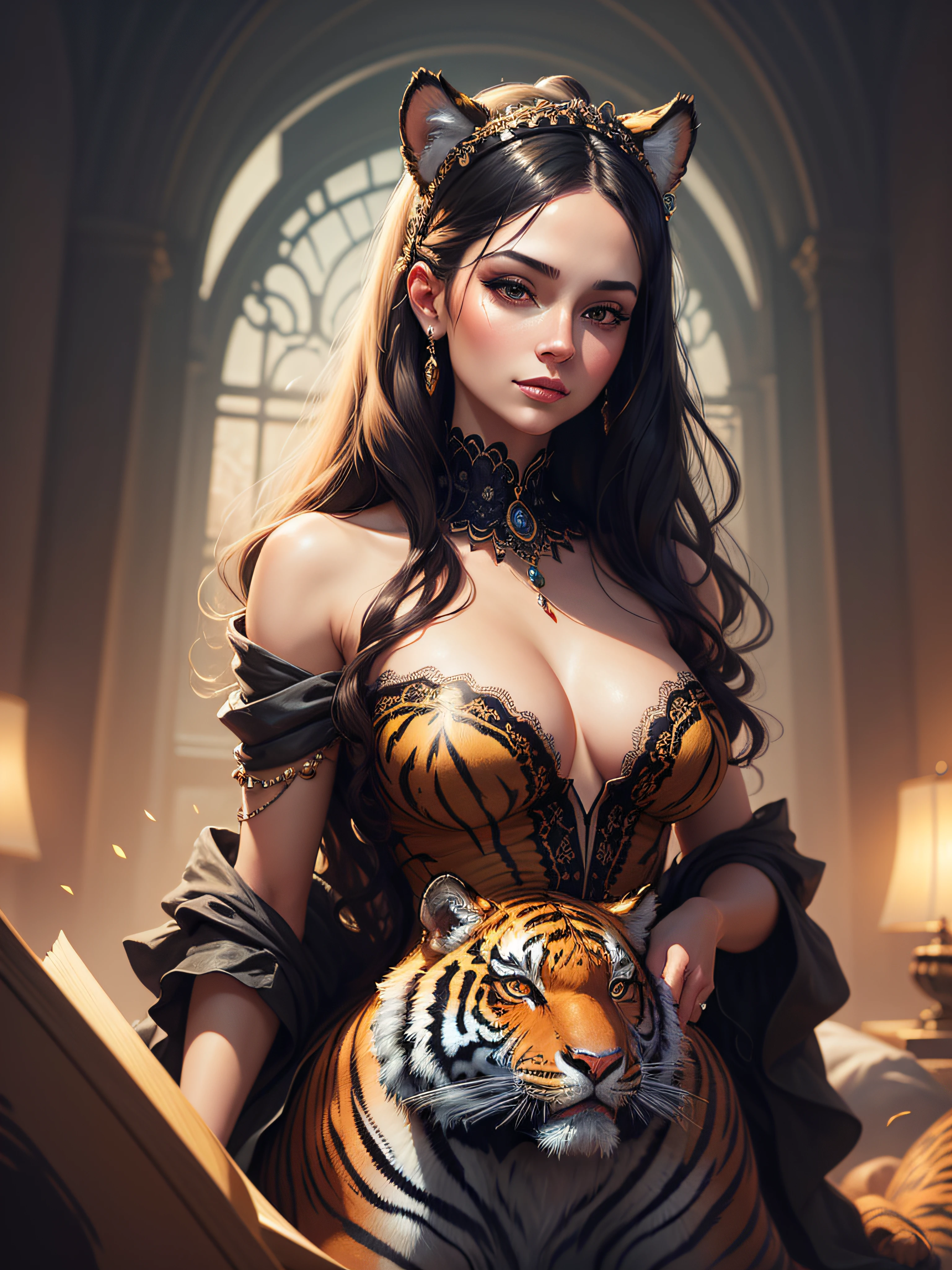 painting of a woman with a tiger on her head, stunning digital illustration, beautiful digital illustration, exquisite digital illustration, in style of digital illustration, beautiful digital artwork, beautiful gorgeous digital art, gorgeous digital art, stunning digital painting, gorgeous digital painting, in style of digital painting, beautiful digital art, beautiful digital painting, digital fantasy portrait, lois van rossdraws