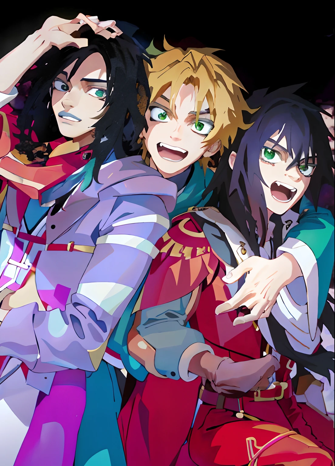 anime characters posing for a picture with a black background, official anime still, still from tv anime, Cute boy with long black hair, blonde pretty boy with white skin, cute brown boy with curly hair