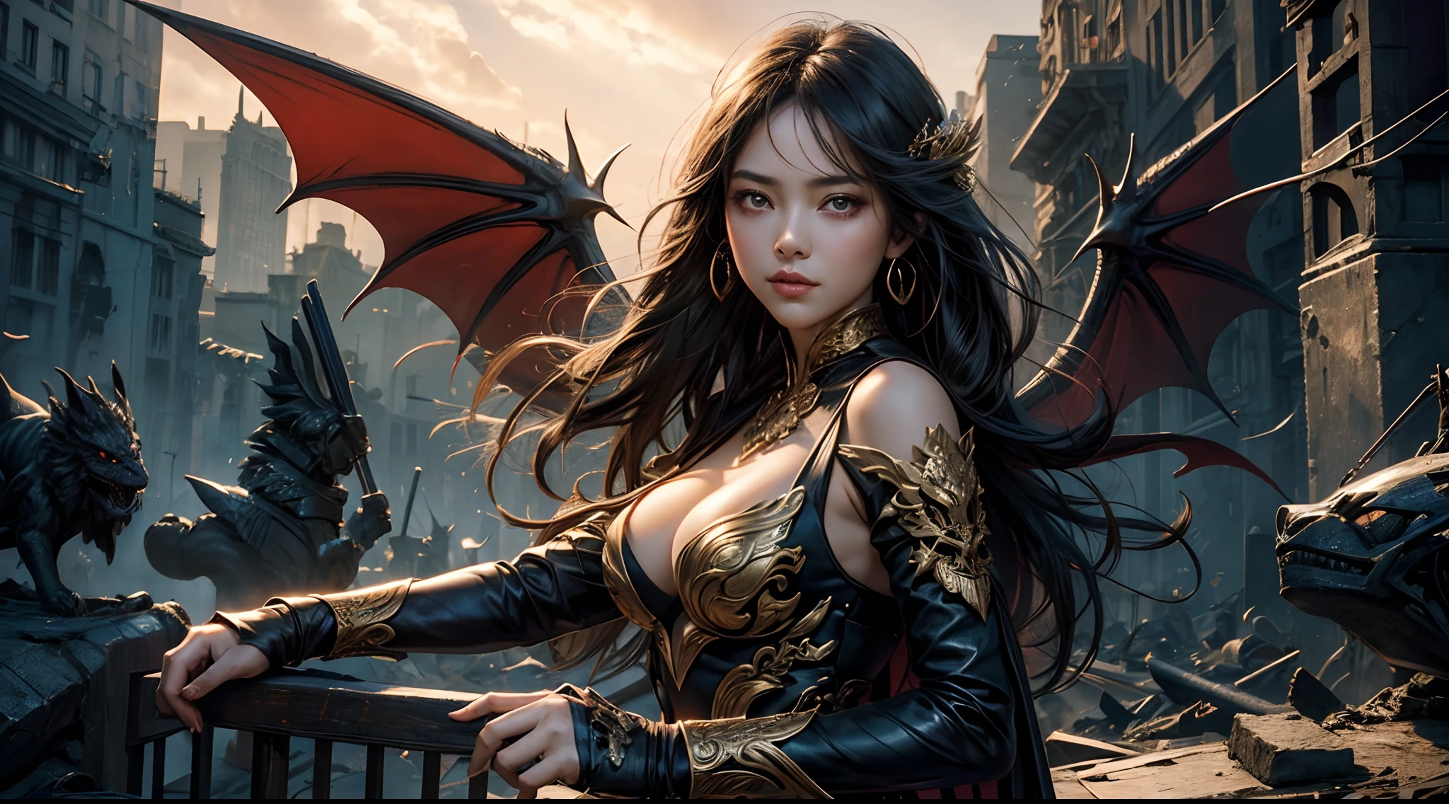 tmasterpiece,top-quality,best qualityer,offcial art,Beauty and aesthetics:1.2),(tmasterpiece:1.3), (8K, realisticlying, RAW photos, best qualtiy: 1.4), beauitful face, (photorealiscic face),超高分辨率, Ultra photo realsisim, highly detailed, the golden ratio, (with dynamism:1.3),(Saturation:1.3),illusory engine, (High detail: 1.9),(femele:1.4),(Large breasts),woman,Dragon's horn,Bat wings,The background is the destroyed city,Mid-range portrait