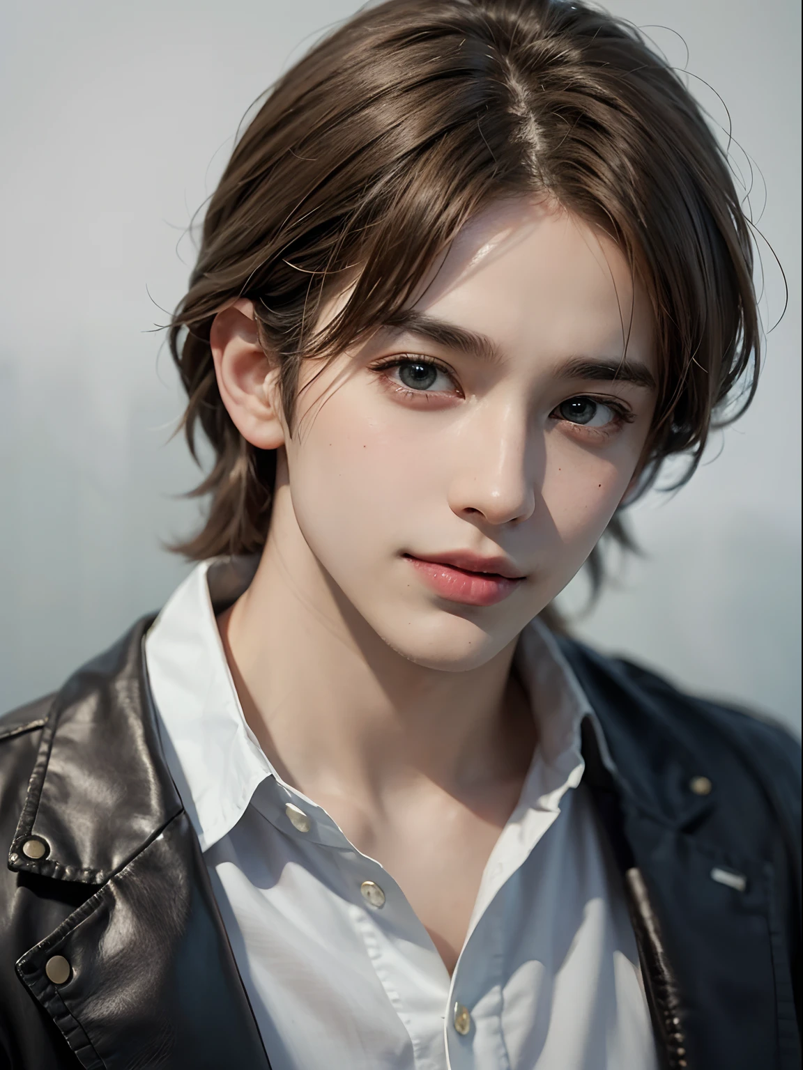 1boy, , teenager, light brown hair, azure blue big beautiful eyes, chubby face, rosy cheek, lakeshore, solo focus teenager face, white shirt, handsome, smiling, realistic, dynamic pose realistic, detailed and correct facial structure, LEON S. KENNEDY, handsome, extremely detailed, dynamic angle, cowboyshot, the most beautiful form, elegant, vivid colours, romanticism, by james jean, roby dwi antono, ross tran, francis bacon, michal mraz, adrian ghenie, petra cortright, gerhard richter, takato yamamoto, ashley wood, atmospheric