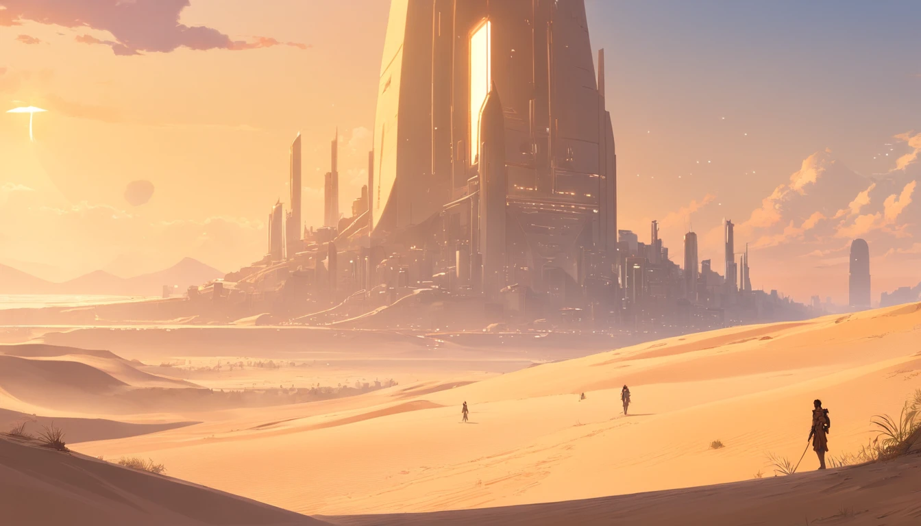 Dune concept art，Clean and neat tones，Sci-fi base scene，Huge scene，Square-shaped complex，Soviet aesthetic architecture，huge buildings，There are many spaceships in the air，Size contrast，crowd of， Soldiers versus soldiers， Big scenes of war，smog，epic concept art，Fine 8K，vray，Wasteland Science Fiction, Michael Kaluta Style illustration