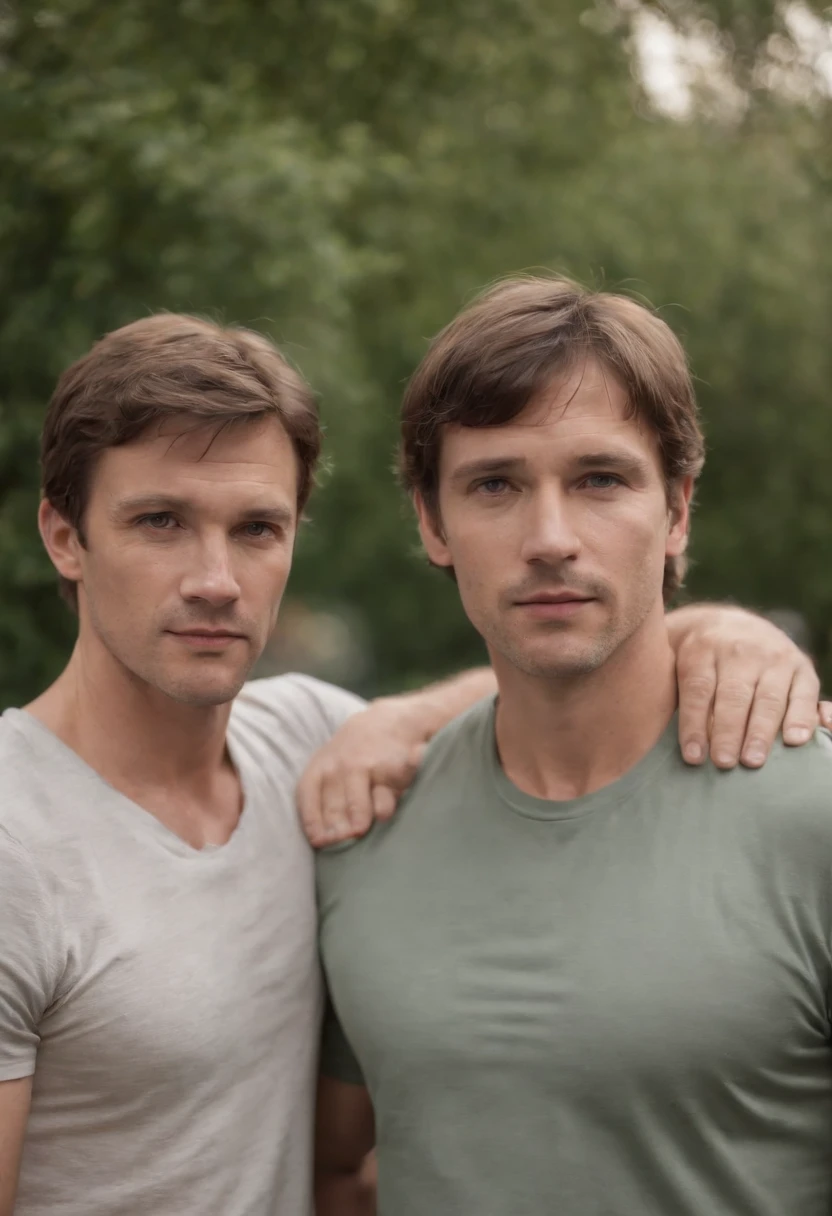 Two very handsome men, David Beckham and Tom Holland, one with tanned skin and dark hair and the other with light skin and blonde hair, are standing shirtless in the middle of a lush forest. Sunbeams stream through the trees, casting dappled light on their faces. They are embracing each other tightly, their eyes closed in bliss. A gentle breeze rustles through their hair, and they smile contentedly. The forest is alive with the sounds of birdsong and the rustling of leaves. The air is fresh and clean, and the smell of pine needles fills their nostrils. The men are completely at peace with each other and with the world around them.