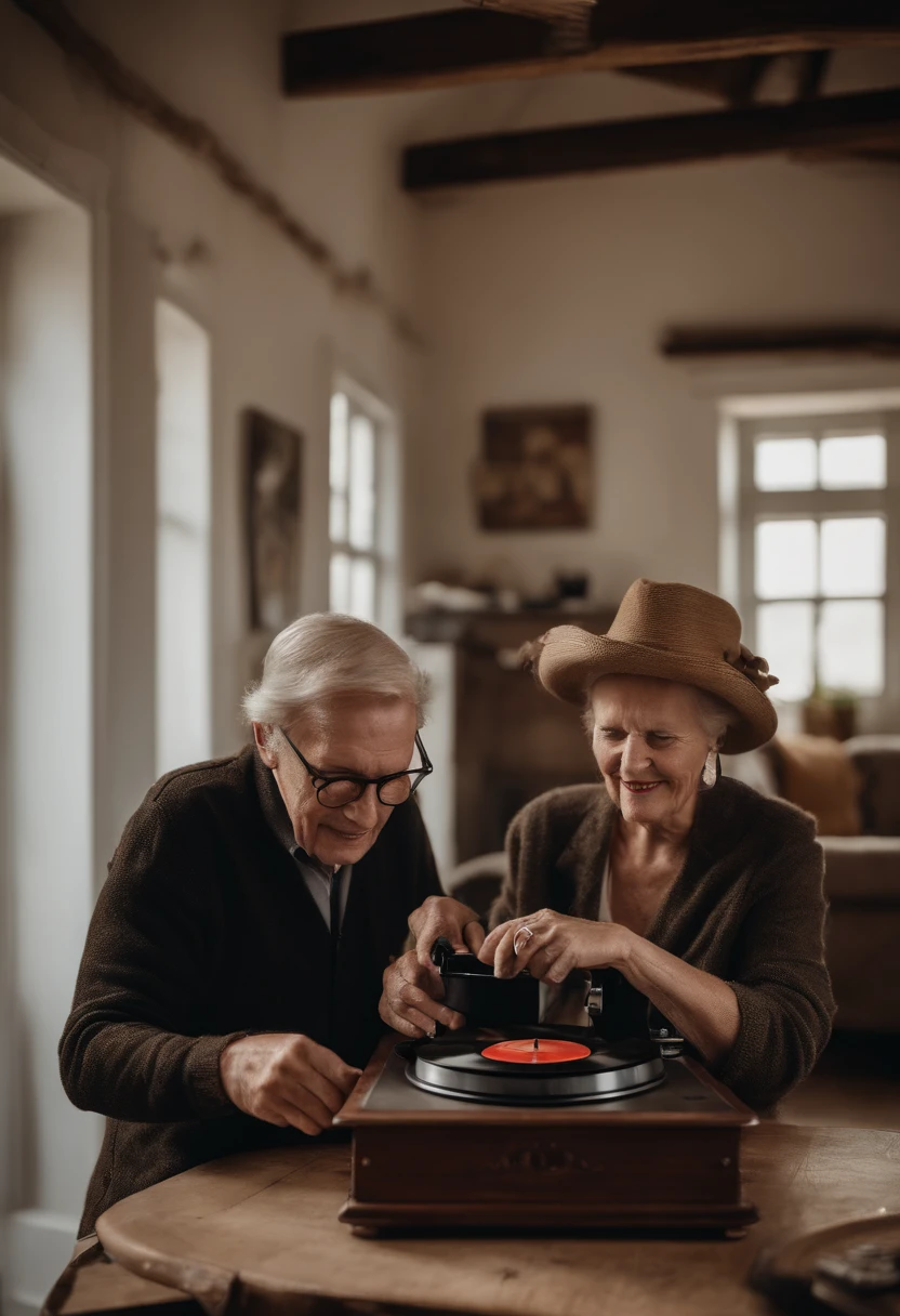 elder couple, dancing, hugging, (((A phonograph))), vinyl disk player, inside house, white rustic wall