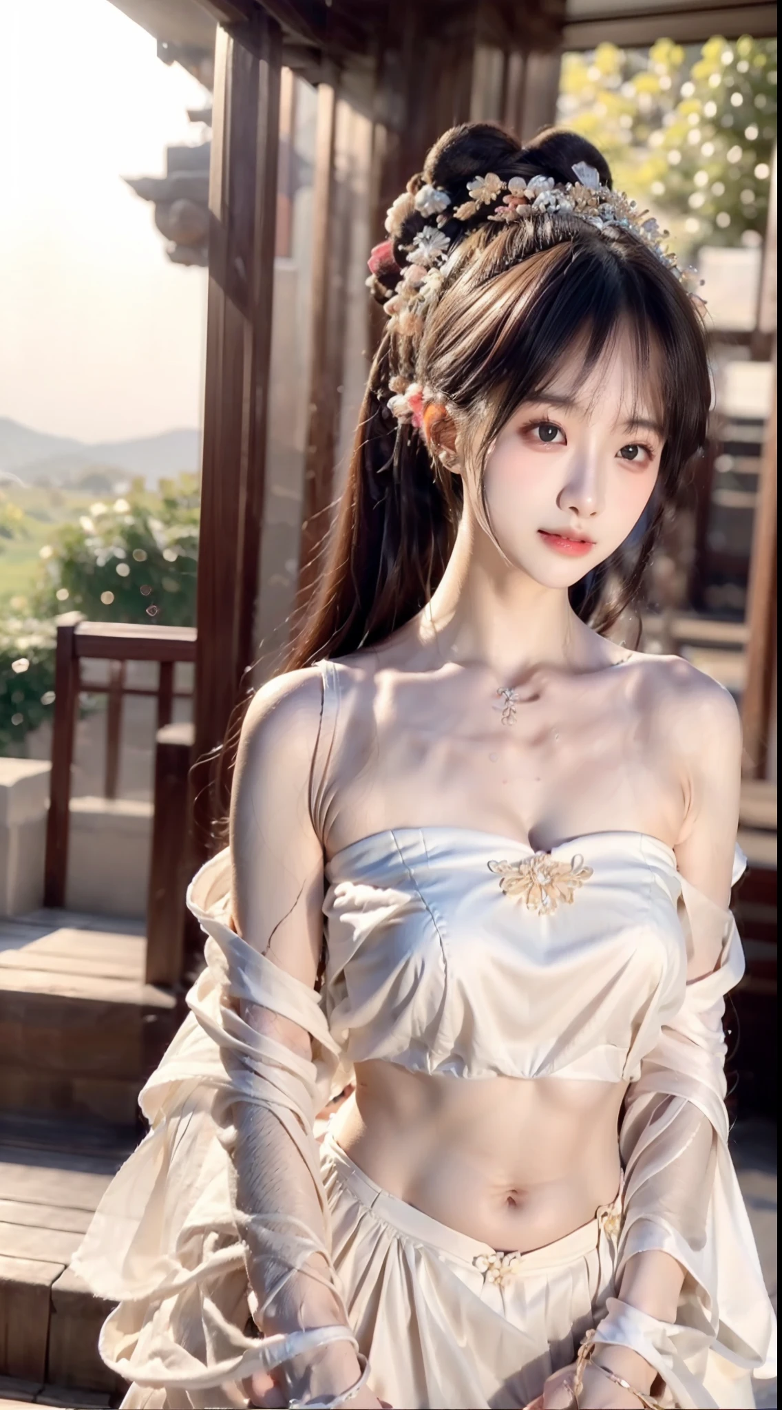 Bust photo, face close-up, face shot, a beautiful woman, messy hair, girly, symmetrical bun, hair accessories, jewelry, delicate face, (suspenders: 1.5), (high split lower skirt 1.7), (many patterns: 1.5), crop navel, open belly, Dunhuang style, a lot of streamers, delicate skin, soft light effect, delicate and smooth hair, delicate details, eye highlights, fair skin, fine portrayal, extreme details, cinematic quality, thin, slender, broken, hair details, thin bangs, shawl hair, right body, shadow, air bangs, 8K, super fine, fine fabric texture, soft, smooth, smooth texture, ((Dunhuang style)) )))), delicate patterns, correct hand painting,