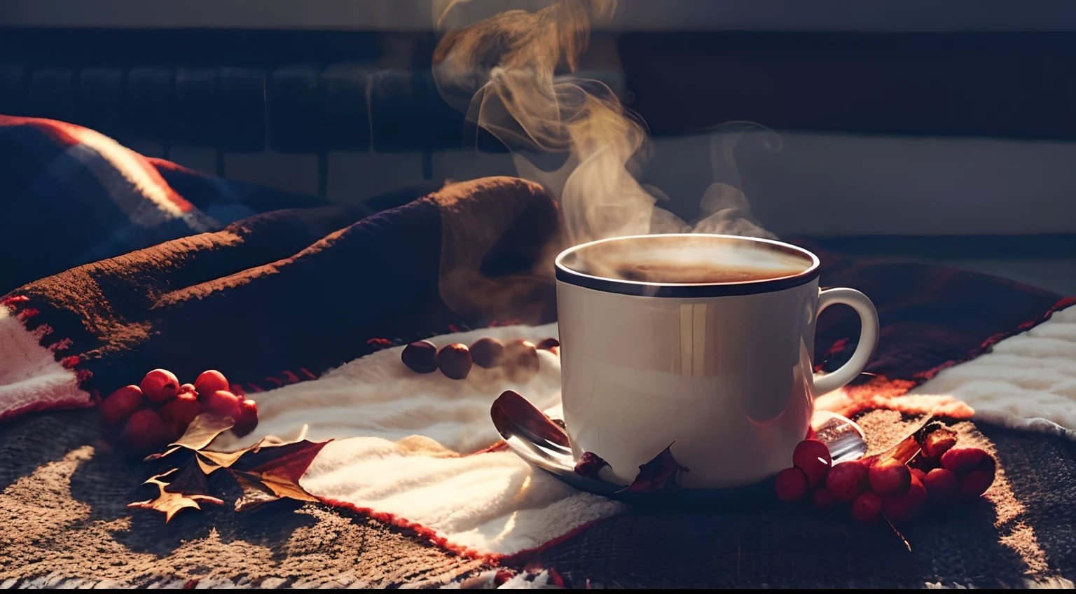 there is a cup of coffee on a blanket with a blanket, steaming coffee, full of steaming coffee, hot coffee, cosy atmoshpere, coffee smell, soft autumn sunlight, morning coffee, hygge, cozy wallpaper, cozy atmospheric, cozy atmosphere, early morning mood, cozy place, cozy cafe background, cozy setting, cosy vibes, cozy under a blanket