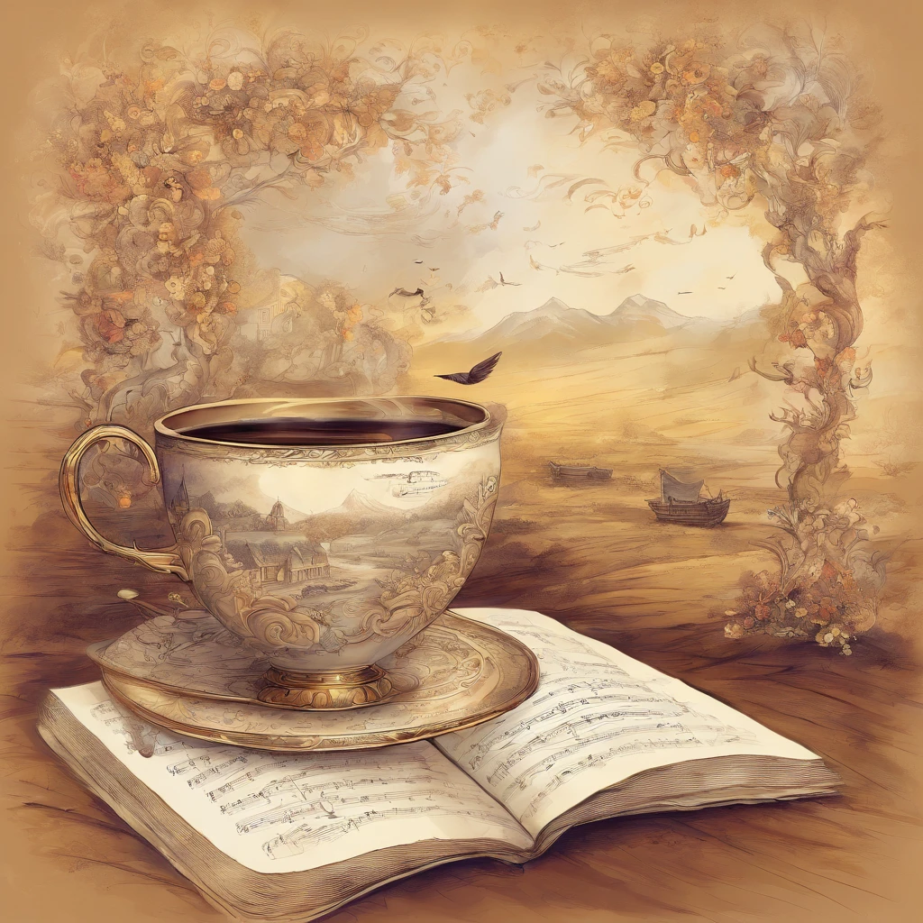 A cup of good tea, a lovely piece of music, and an engaging scroll of poetry., masterpiece, best quality