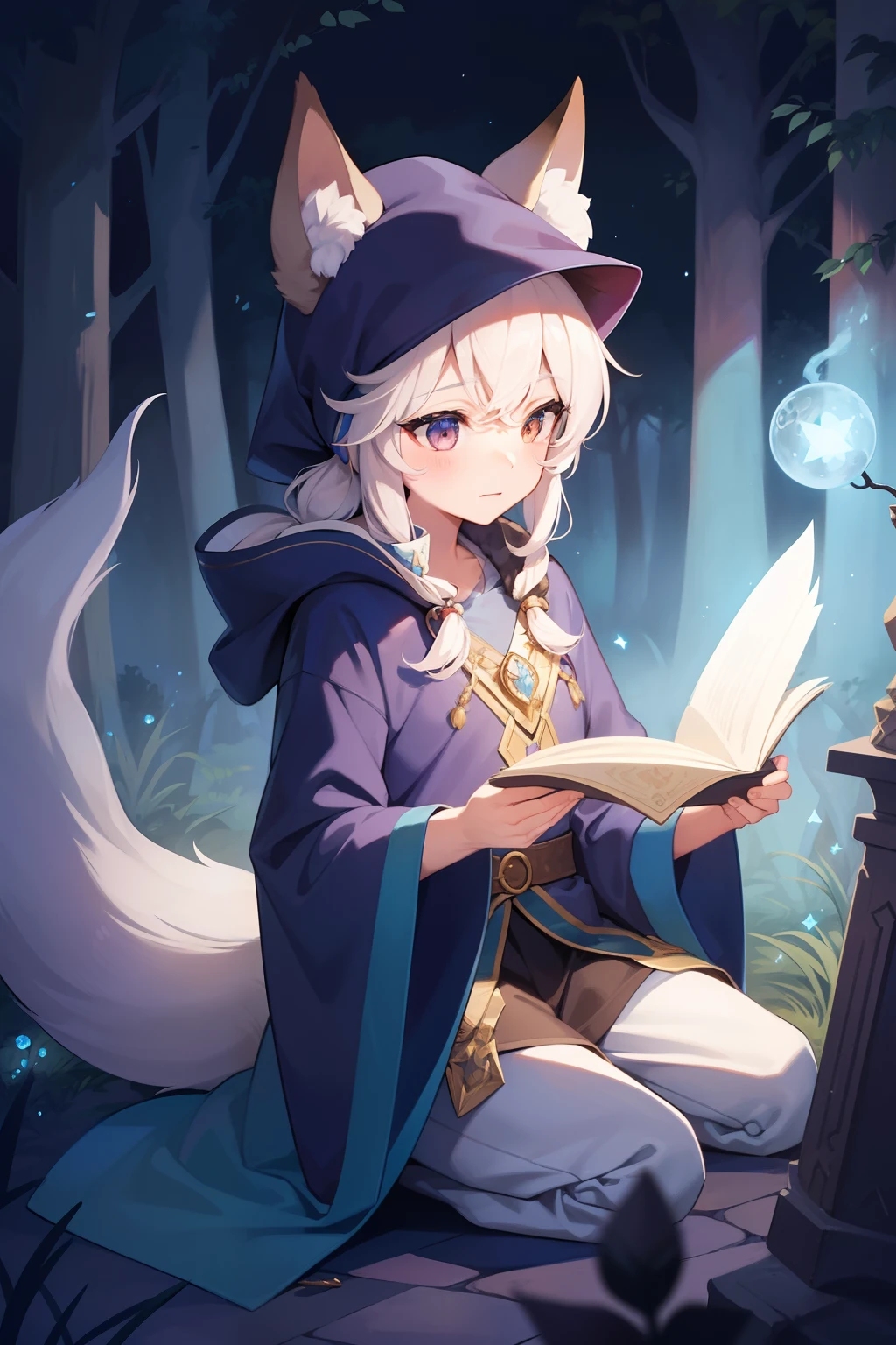 "1boy, solo, super fine illustration, an extremely delicate and beautiful, best quality, kemonomimi (Animal ears), fox ears and tail, enchanting blue robe, wizard hat, magical staff, forest background, ancient ruins, casting a spell, mysterious atmosphere, fantasy game character portrait."