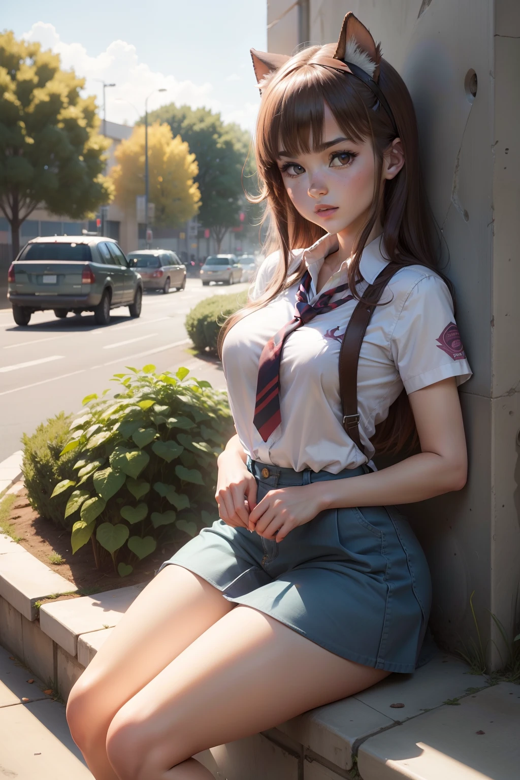 High Resolution, Top Quality, Masterpiece, Ultra High Quality, Ultra Detail, Ultra Realistic, 3D, Anime, Illustration, Fantasy, Solo, ((Beautiful Female Student Short Skirt)), Squatting and Touching Her Hair, (Looking at the camera), (Background Blur))), Brown leather shoes, Bare feet, (Cotton underwear), Large breasts, Front shooting,