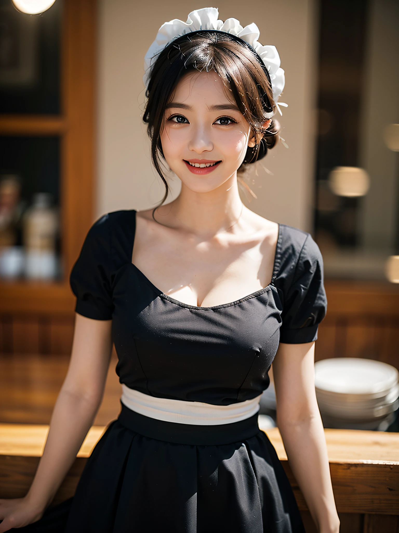 (top-quality、in 8K、masterpiece)、(The best illustrations)、extremely delicate and beautiful、Unity、Amazingly fine detail、超A high resolution、extra detailed face、Superbly detailed eyes、(photo realistic1.3)、Realistic facial proportions、Beautuful Women、独奏、Colossal tits:1.3、cleavage of the breast、Slimed、smiling at the viewer、(Maid headdress、Black shirt、White apron、a black skirt:1.3)、(Maids:1.5)、bobhair、(makeups:0.2)、(Best Shadows:1.1)、(bokeh dof:1.4)、cowboy shot、Antique-style rooms