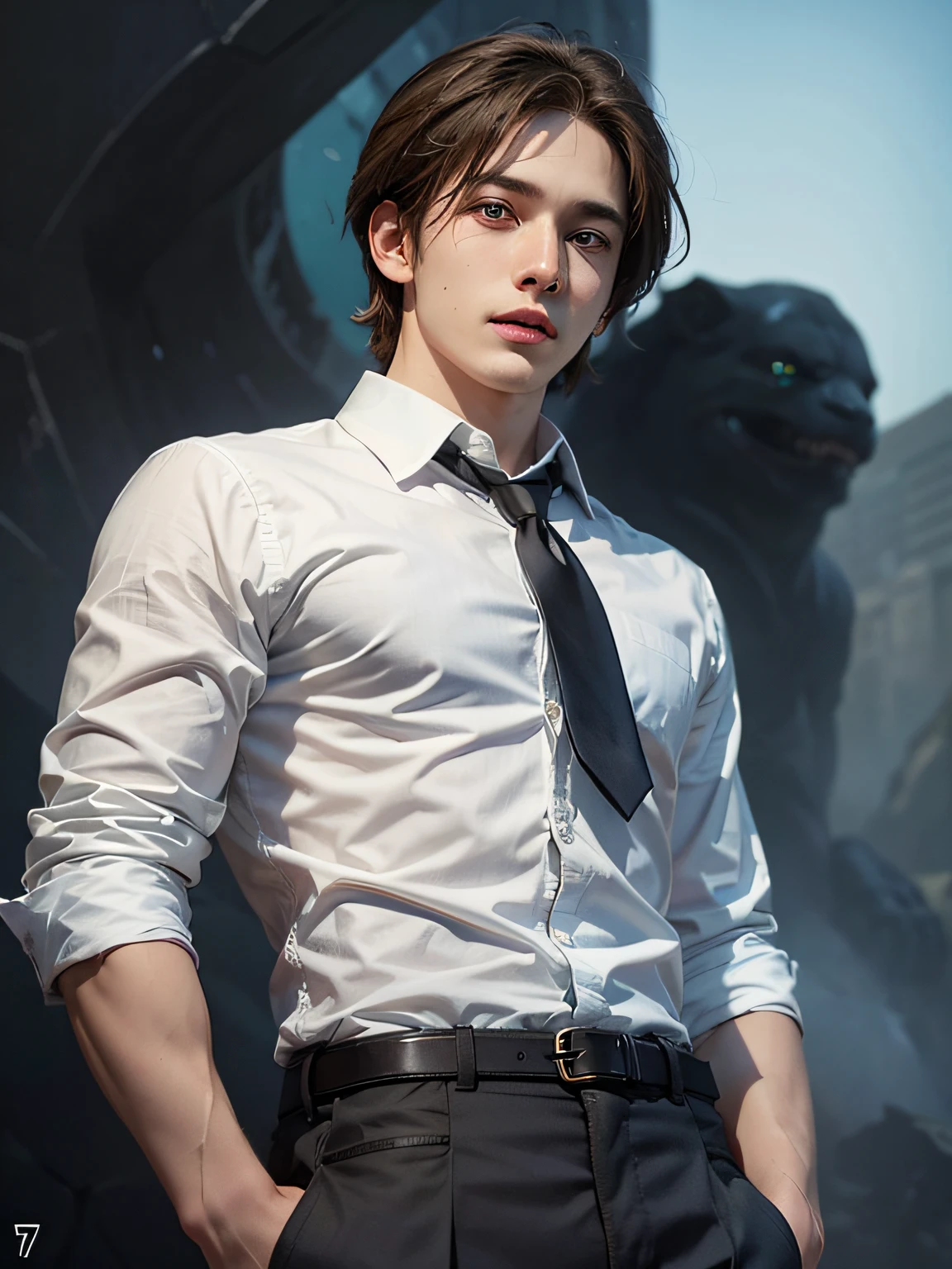 1boy, , teenager, librown hair, azure blue big beautiful eyes, chubby face, rosy cheek, lakeshore, solo focus teenager face, w shirt, handsome, smiling, realistic, dynamic pose realistic, detailed and correct facial structure, LEON S. KENNEDY, handsome, extremely detailed, dynamic angle, cowboyshot, the most beautiful form, elegant, vivid colours, romanticism, by james jean, roby dwi antono, ross tran, francis bacon, michal mraz, adrian ghenie, petra cortright, gerhard richter, takato yamamoto, ashley wood, atmospheric