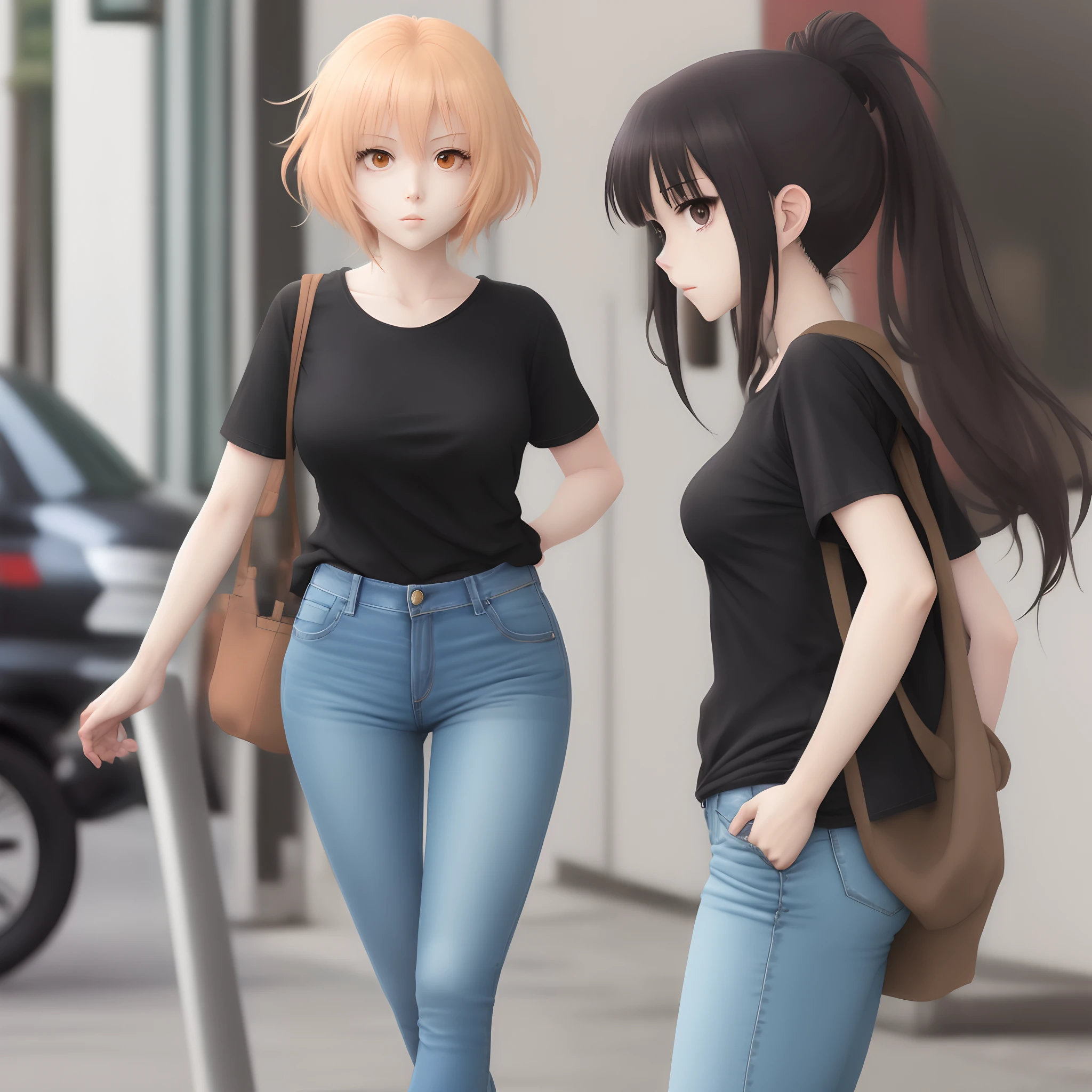 Anime girl wearing short jeans with black t shirt