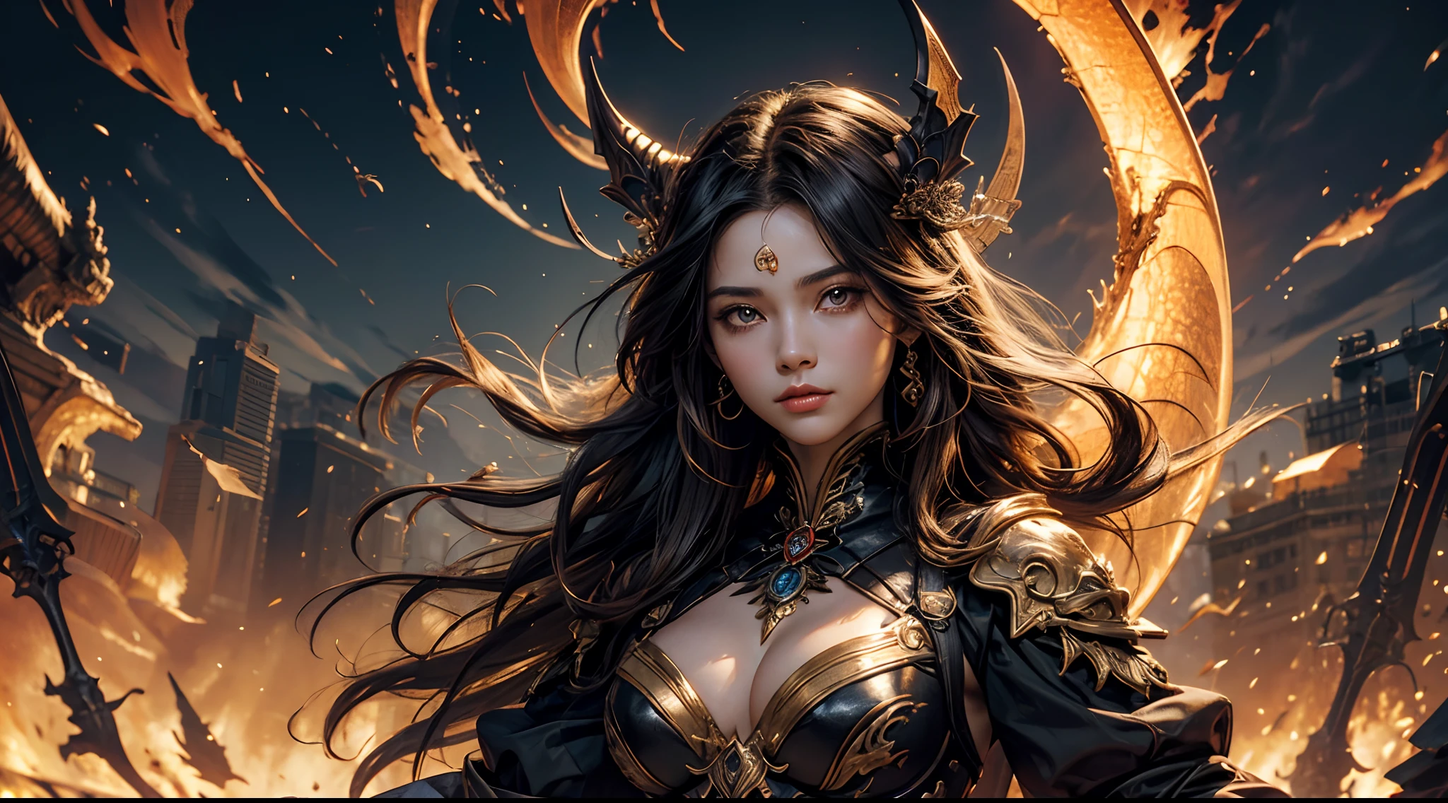 tmasterpiece,top-quality,best qualityer,offcial art,Beauty and aesthetics:1.2),(tmasterpiece:1.3), (8K, realisticlying, RAW photos, best qualtiy: 1.4), beauitful face, (photorealiscic face),超高分辨率, Ultra photo realsisim, highly detailed, the golden ratio, (with dynamism:1.3),(Saturation:1.3),illusory engine, (High detail: 1.9),(femele:1.4),(Large breasts),woman,Dragon's horn,Bat wings,The background is the destroyed city,Mid-range portrait