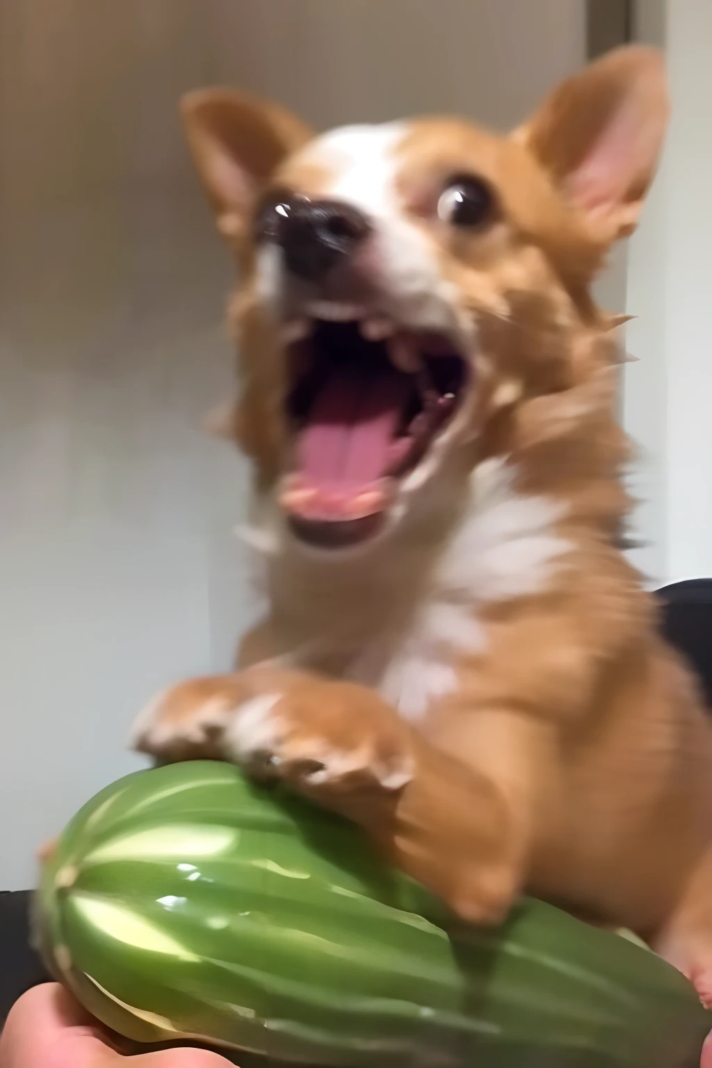 weirog, no human, dog opposite the cucumber