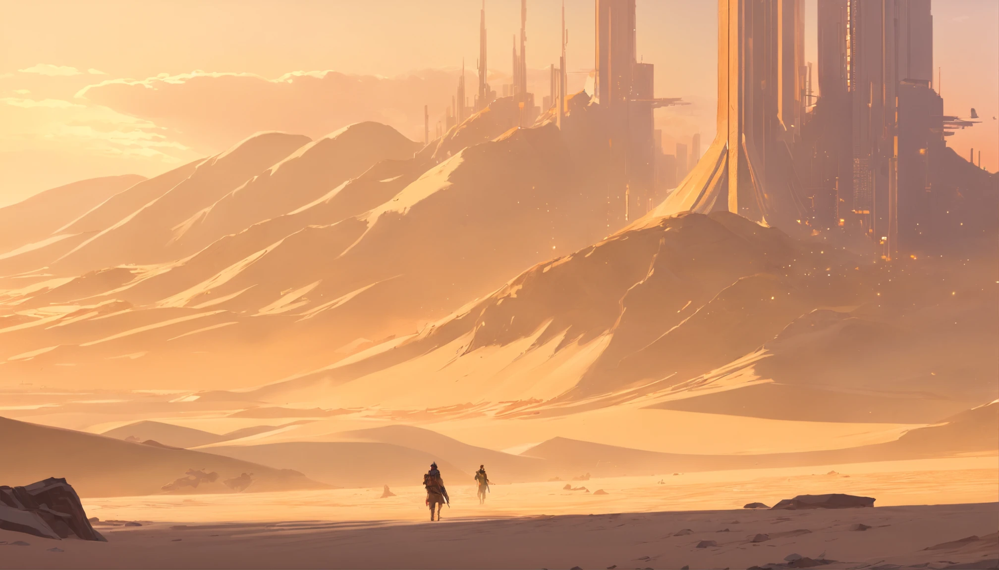 Dune concept art,Clean and neat tones,Sci-fi base scene,Huge scene,Square-shaped complex,Soviet aesthetic architecture,huge buildings,There are many spaceships in the air,Size contrast,crowd of, Soldiers versus soldiers, Big scenes of war,smog,epic concept art,Fine 8K,vray,Wasteland Science Fiction, Michael Kaluta Style illustration