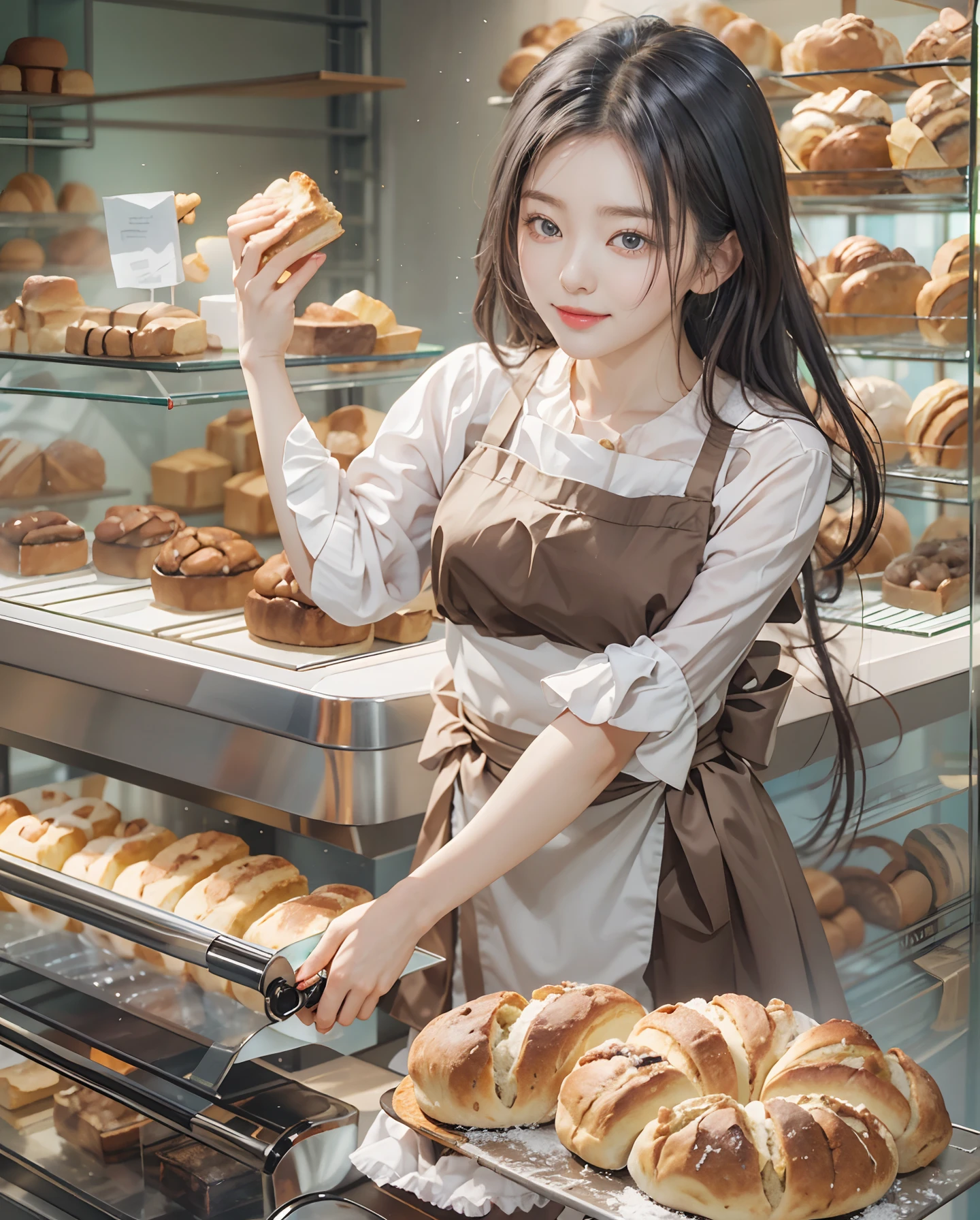 masutepiece、hight resolution、The bakery of the future、Woman making delicious bread、30-year-old girl、1Girl clerk、Looking at the camera、smil、Finish as shown in the photo、Bread and beauty、the skin is white and beautiful、Hair is short、Maroon gradient color、