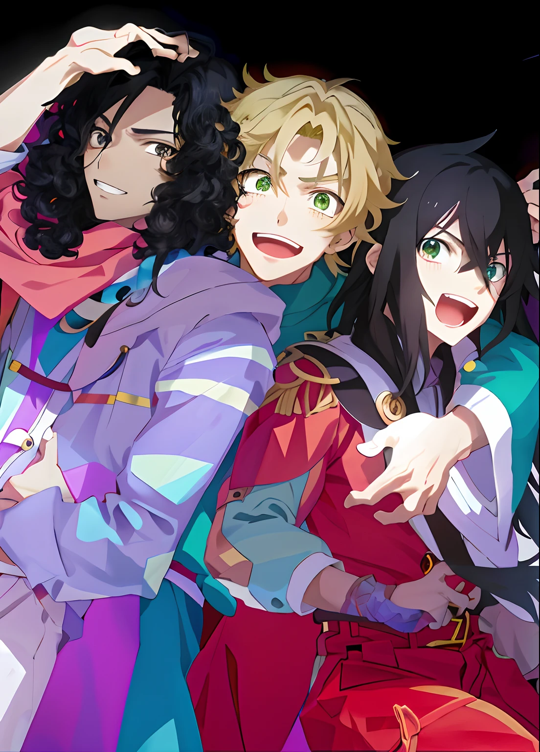 anime characters posing for a picture with a black background, official anime still, still from tv anime, Cute boy with long black hair, blonde pretty boy with white skin, cute brown boy with curly hair