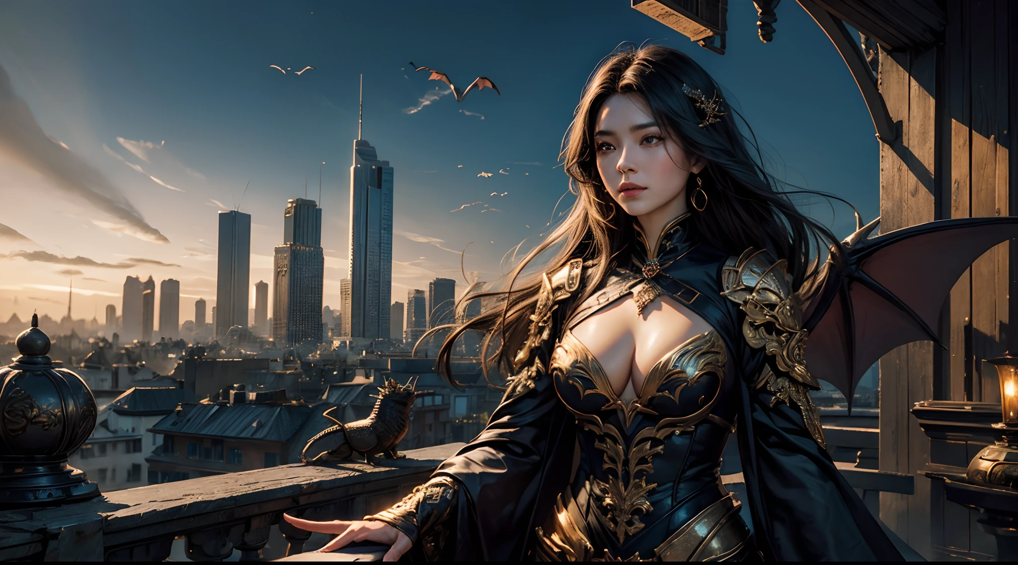 tmasterpiece，top-quality，best qualityer，offcial art，Beauty and aesthetics：1.2），（tmasterpiece：1.3）， （8K， realisticlying， RAW photos， best qualtiy： 1.4）， beauitful face， （photorealiscic face），超高分辨率， Ultra photo realsisim， highly  detailed， the golden ratio， （with dynamism：1.3），（Saturation：1.3），illusory engine， (High detail: 1.9)，（femele：1.4），（Large breasts），woman，Dragon's horn，Bat wings，The background is the destroyed city，Mid-range portrait