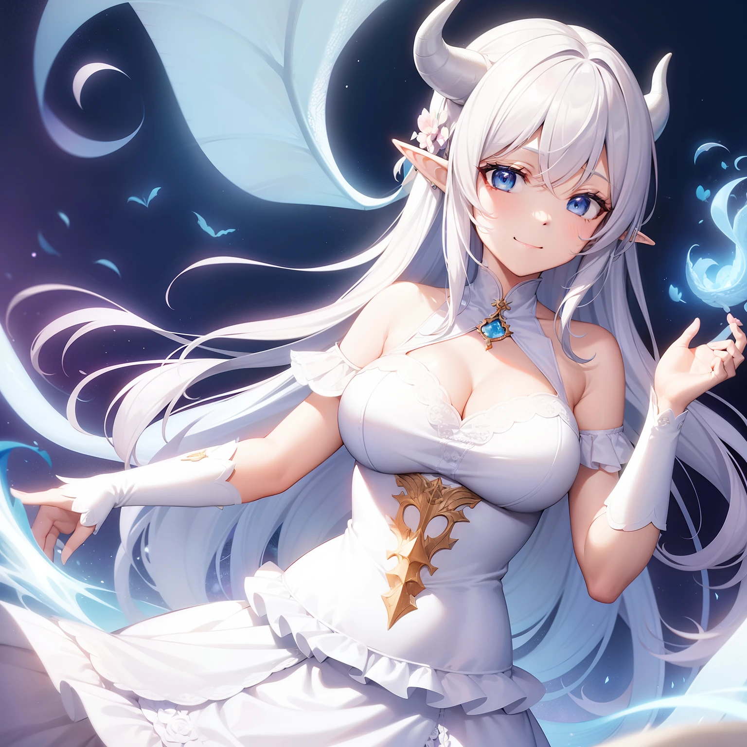 1women, solo, looking at viewer, white hair, longe hair, straight bangs, light blue eyes, smiling, upper body, flowers, frilly dress, dragon wings, dragon horns, elf ears, big bust, pink and light blue theme,