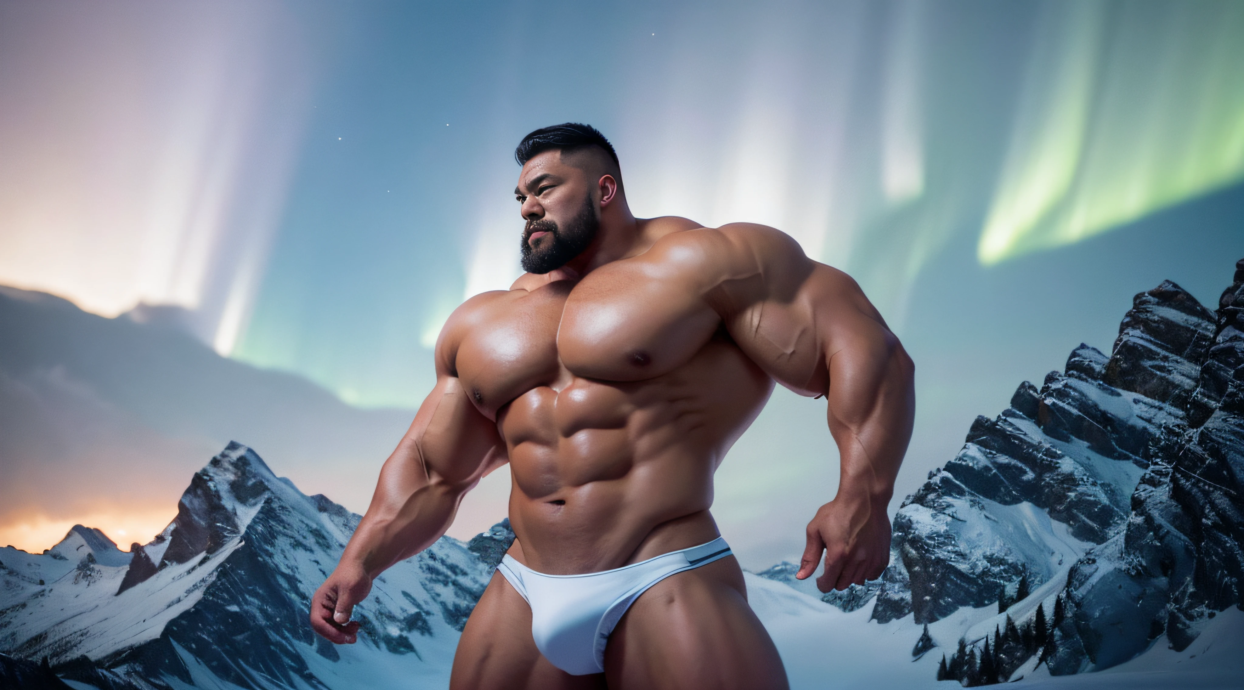 (Extremely detailed 8k wallpaper), A strong Chinese man in a white thong stands alone on a snowy mountain,There are beautiful auroras,High detail, short detailed hair,Short beard perfect figure with tattoos, Very huge and strong body, Bulging muscles, musculous, Very large pectoral muscles,Very sexy abs,The legs are muscular,Tall and mighty,Exposed Body,Tall and burly,toned figure,Huge raised genital area,Brightens oily skin,Muscular。