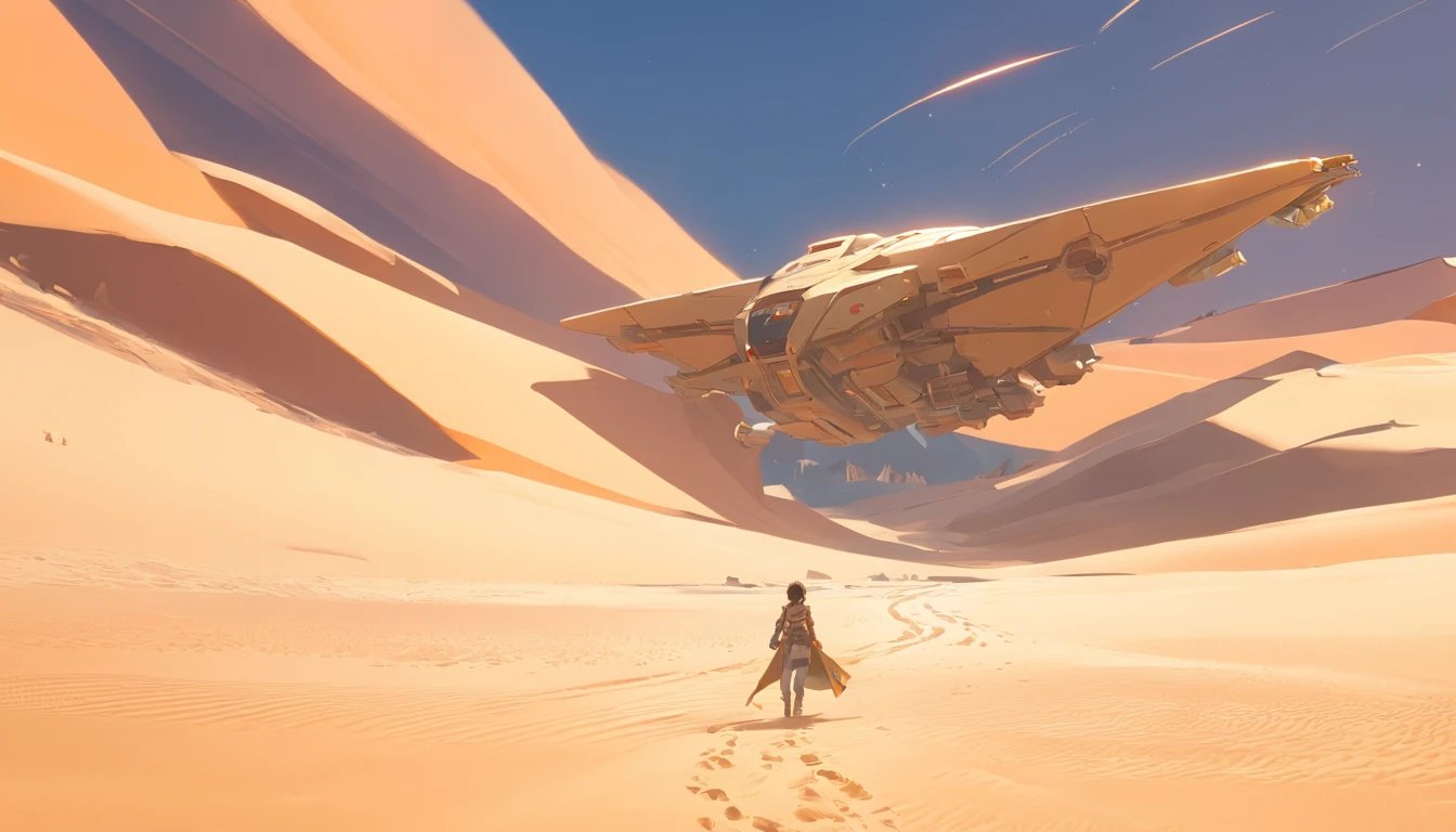 Dune concept art,Clean and neat tones,Sci-fi base scene,There are many spaceships in the air,epic concept art, Fine 8K,vray, Wasteland Science Fiction, Michael Kaluta Style illustration
