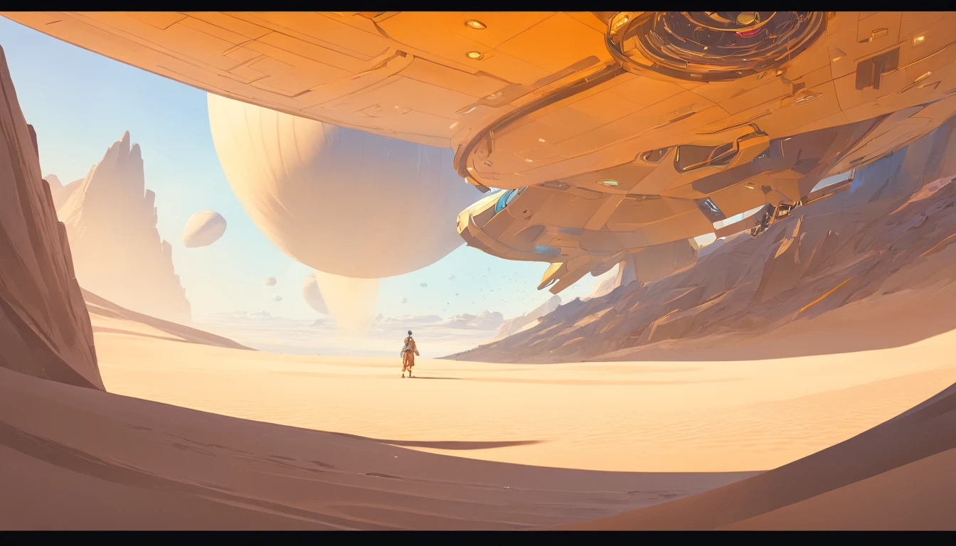 Dune concept art,Clean and neat tones,Sci-fi base scene,There are many spaceships in the air,epic concept art, Fine 8K,vray, Wasteland Science Fiction, Michael Kaluta Style illustration