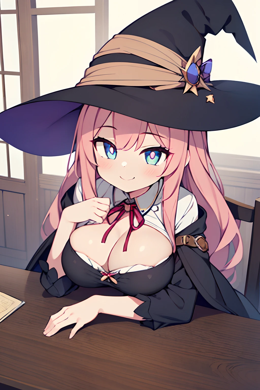(1girl in:1.2), (Solo:1.2) , nffsw, Shaders, Brilliant Textured Work, Ultra-detailed eyes, ultra-intricate pupil in eyes, top-quality, witch's hat, Brown belt on hat, pink hair, long hair, huge breasts, breasts one's chest on the table, collapse, from above, looking at viewer, Witch's costume, white Witch's blouse, neck ribbon, smirk, smug face,