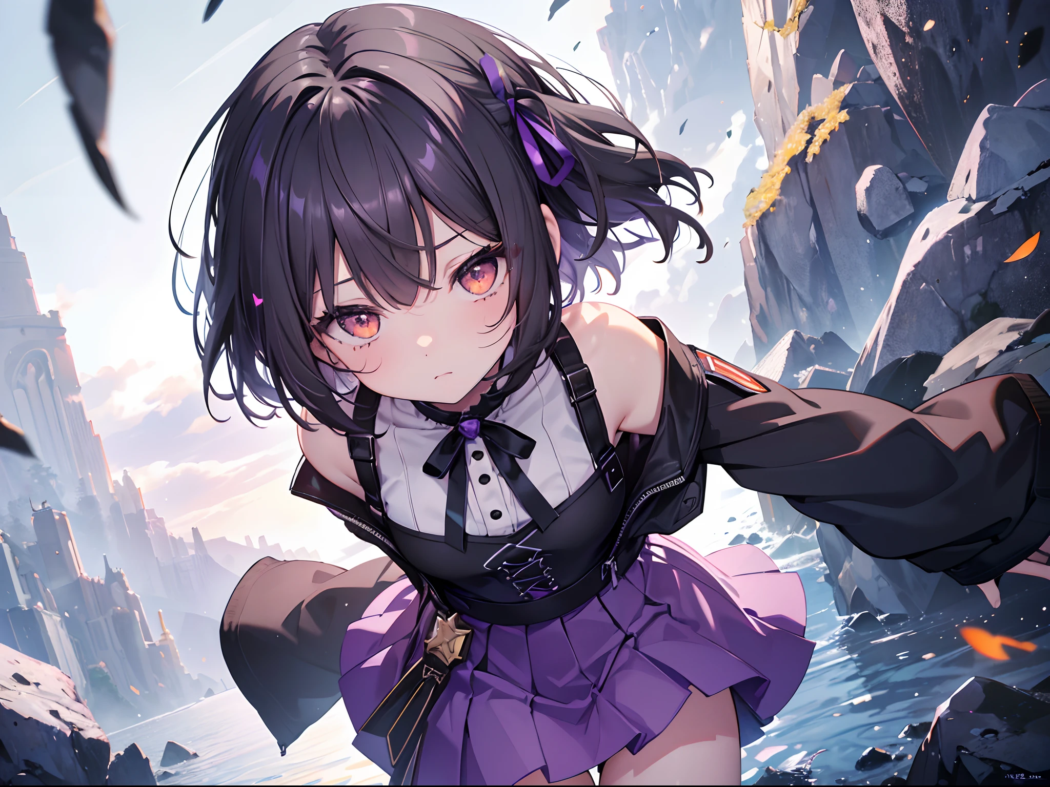 (Best Quality,4K,hight resolution),Medium:1.2,Ultra-detailed,Realistic:1.37,purple outfit,Orange Eyes,Gray wavy hair,Gray medium bob cut,Teenage girl,Black Hair Ribbon,Cheek mole,Show your thighs a little,Mini skirt,oblique bangs,Doweed,shy expression,upper view