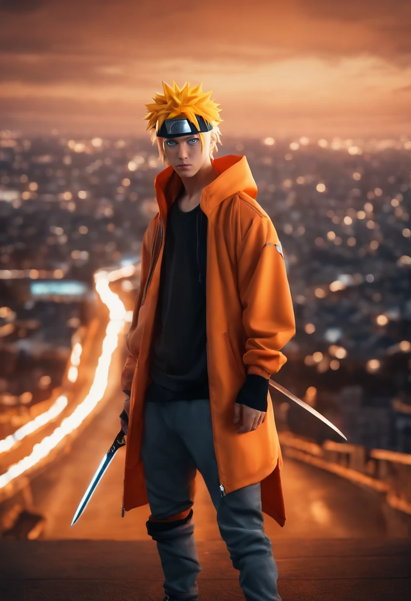 Wide angle view of a one Japanese teenage boy (Naruto) with pointy and spiky yellow hair and blue eyes wearing a orange Nike hoodie and black baggy jeans and white nike jordans looking at the camera with serious expression and holding a Kunai knife in hand, Japanese city in the background, neon lights, cinematic lighting, super detailed, 4K resolution, cyberpunk theme, hyper realistic, photorealistic, orange colour tones, realistic, 4K wallpaper,