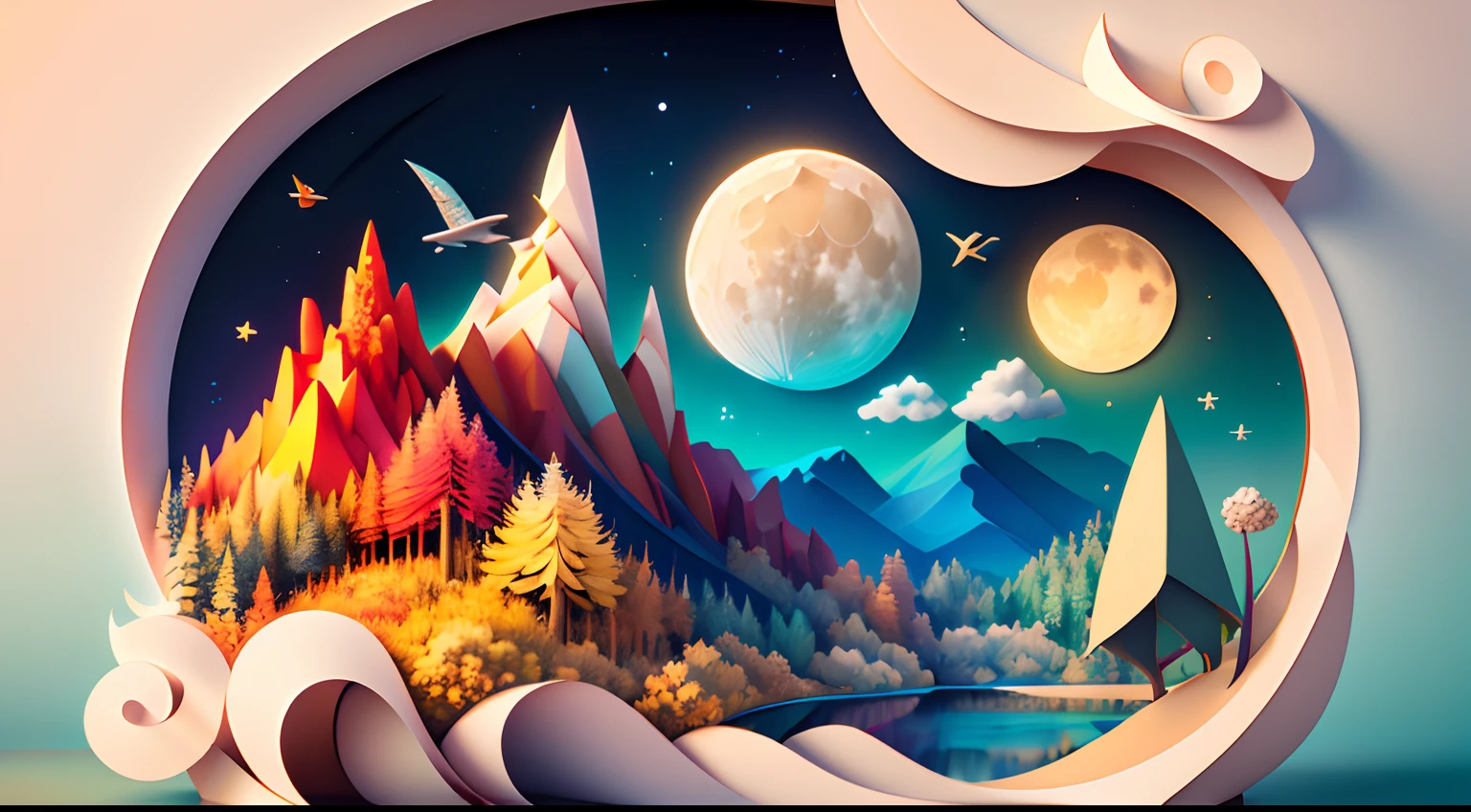 Titles using artistic fonts, Realistic, Planes, softlight,(warm color:1.2),watercolor paiting,Bright background,Exquisite details of the highest quality,3D Rendering,Octane Render,pastel, Moon, River, Storm, Ultra High Quality,(paper_cut:1.15) (:Nature:) (Hopeful feelings)