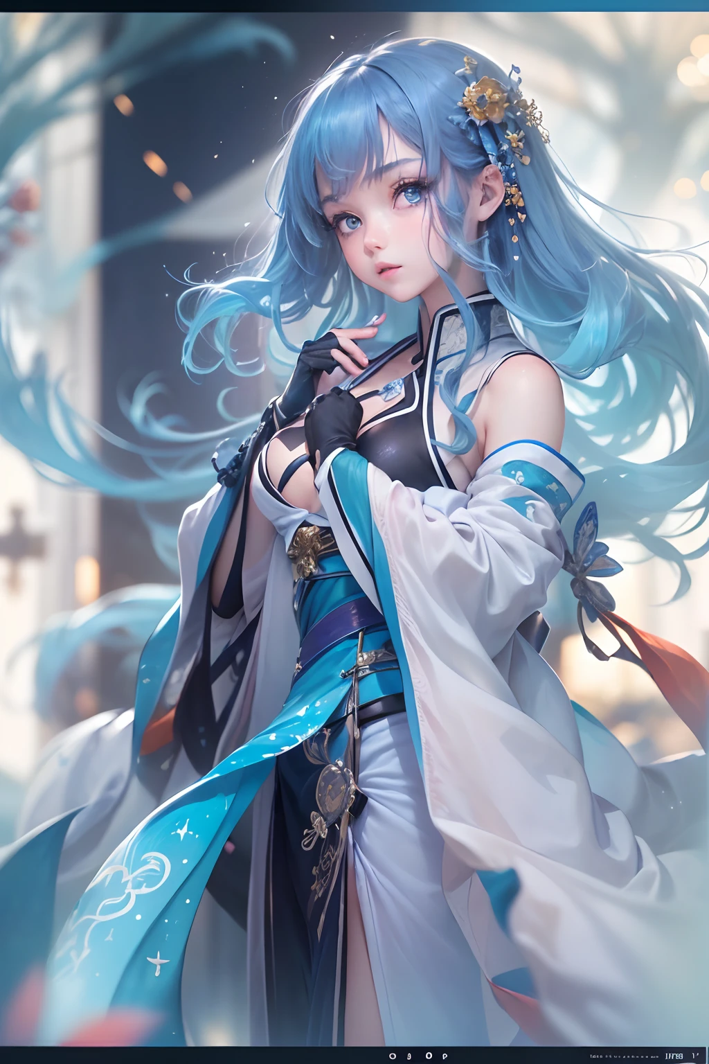 (masterpiece, highest quality, highest resolution, distinct_image, detailed details): (Solo, lone girl, blue-haired girl, long hair, full body figure, small size breasts, sparkling blue colored eyes, flowing hanfu, revealing sexy dress, black color, tight fit clothes, beauty, slim body, heroine, Thighs open from side to side, arm-length gloves)