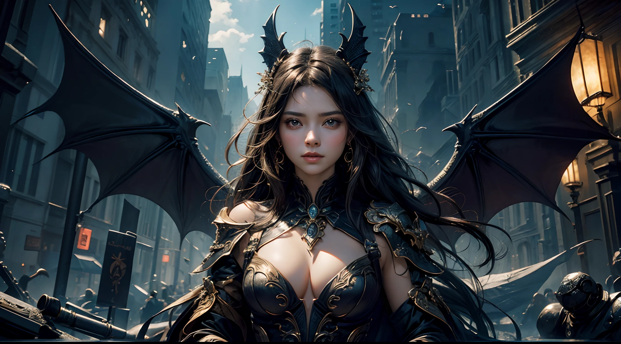 tmasterpiece，top-quality，best qualityer，offcial art，Beauty and aesthetics：1.2），（tmasterpiece：1.3）， （8K， realisticlying， RAW photos， best qualtiy： 1.4）， beauitful face， （photorealiscic face），超高分辨率， Ultra photo realsisim， highly  detailed， the golden ratio， （with dynamism：1.3），（Saturation：1.3），illusory engine， (High detail: 1.9)，（femele：1.4），（Large breasts），woman，Dragon's horn，Bat wings，The background is the destroyed city，Mid-range portrait
