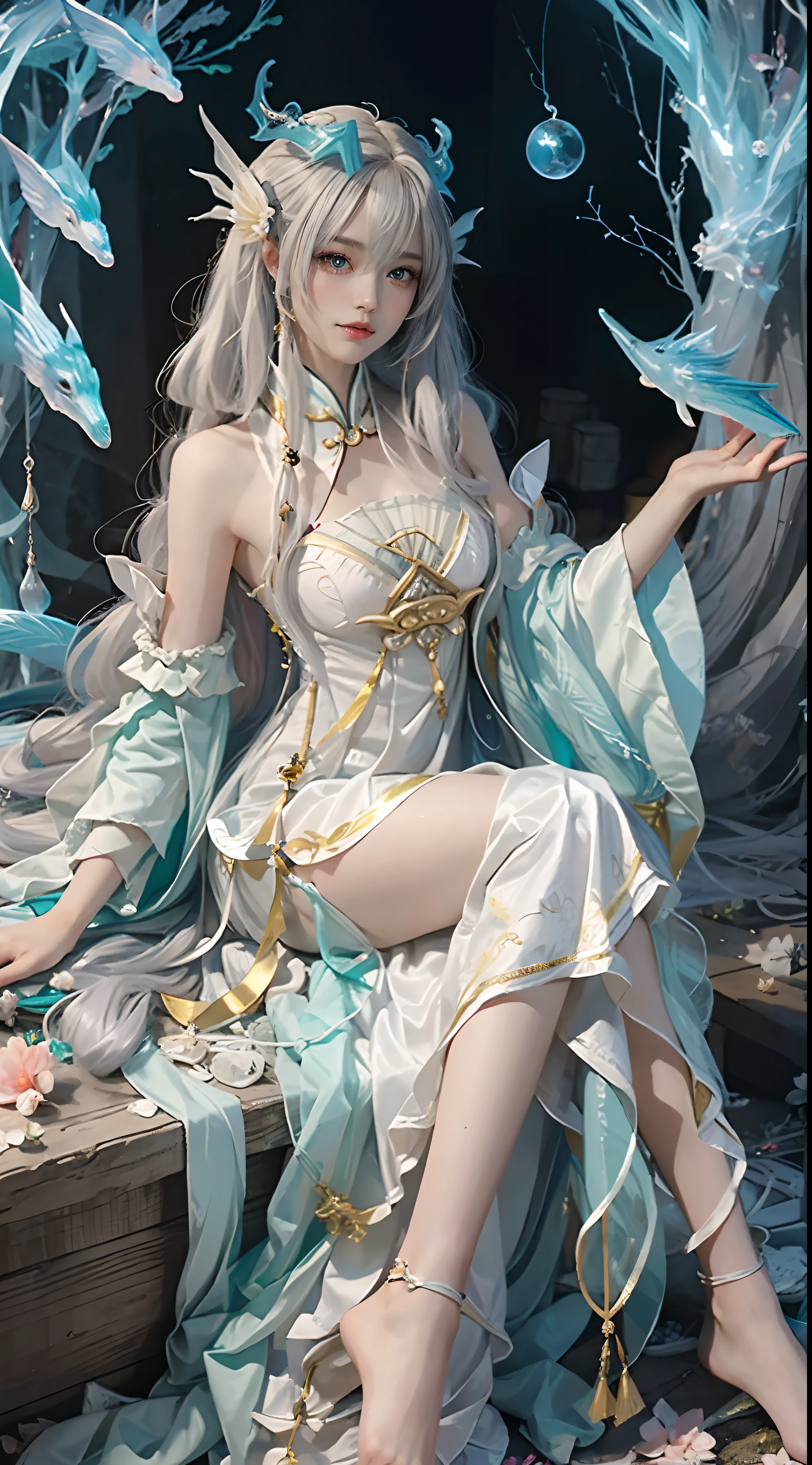 Beautiful celestial mage,Amazing young ethereal characters,shaxi,A flowing magic robe,White Hanfu,xianxia fantasy,Beauty Delfin,Ethereal fantasy,Elegant and charming cosplay,one-girl,((sitted)),Bend your legs,((Top-down view)),Feminine and colorful,It's tumultuous,Hands relax naturally,nighttime scene,Lots of neon