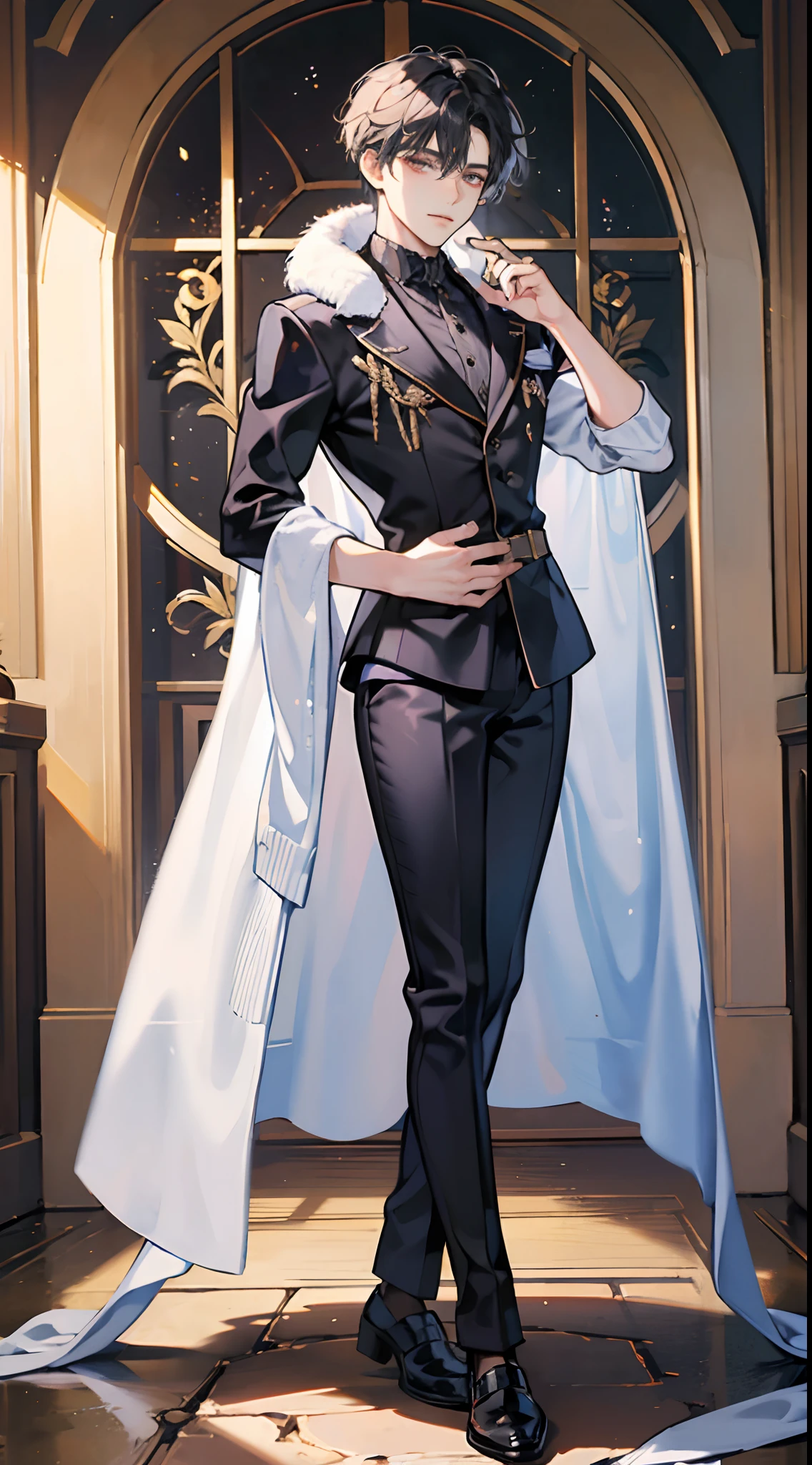 Male youth,Full-body portrait on the front,stand posture,Black deacon attire,White mink shawl,Squint,Black curly hair,Romanian