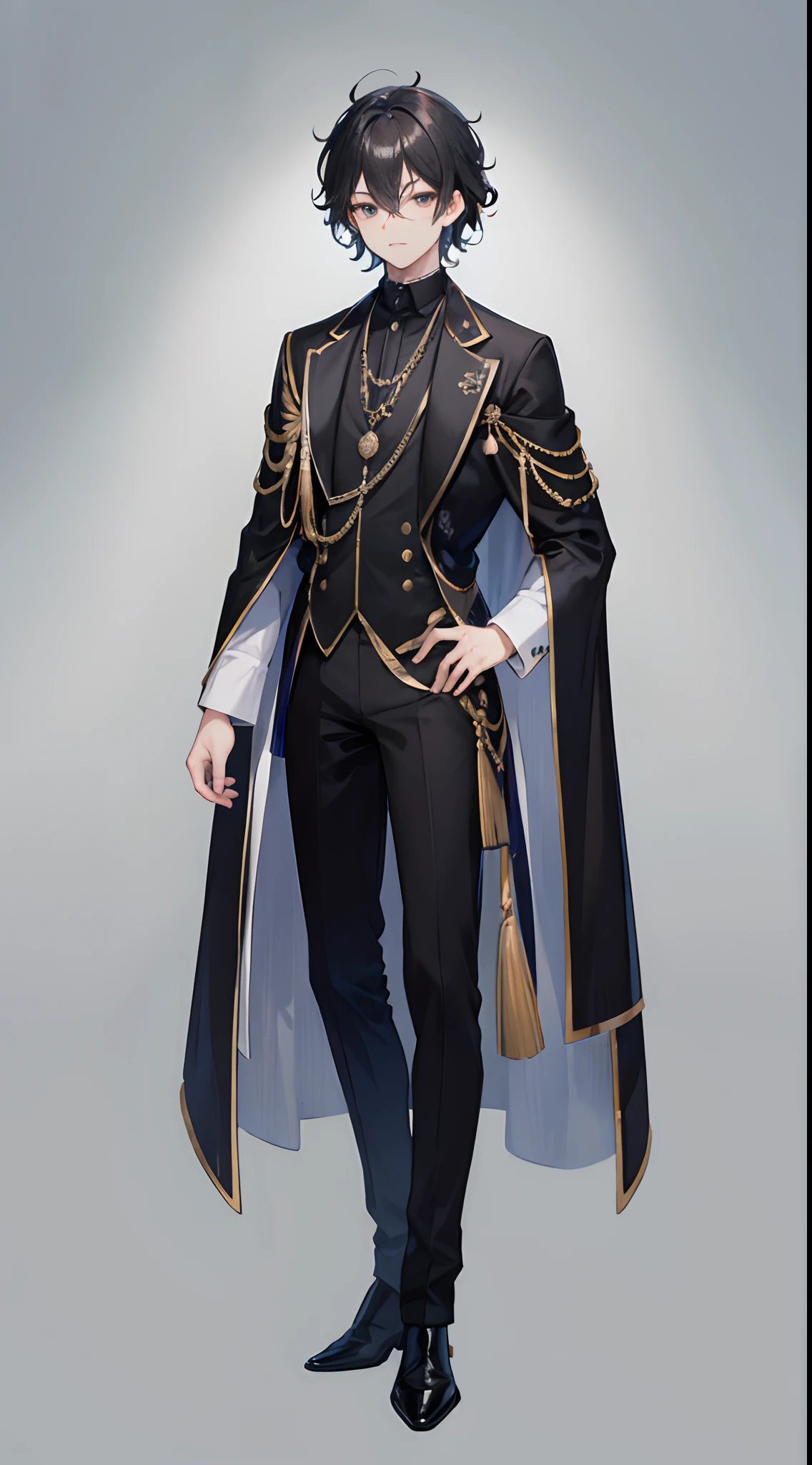 Male youth，Full-body portrait on the front，stand posture，Black deacon attire，White mink shawl，Squint，Black curly hair，Romanian