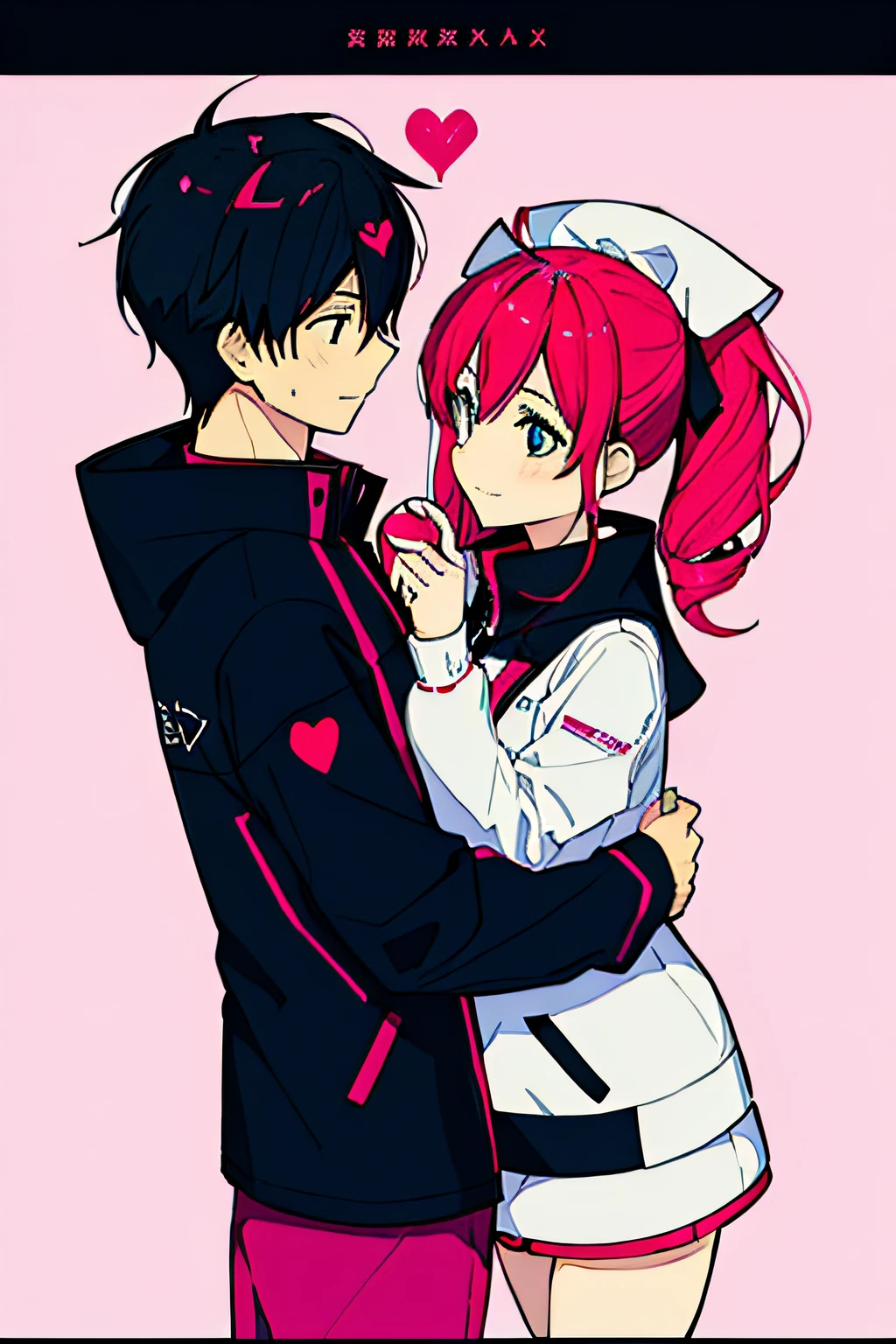 Design a simple Valentine's Day design with the word love, Transparent background, Love element,Heart-shaped composition,A boy and a girl get entangled,modern fashion outfit,Simple cyberpunk city as a backdrop,