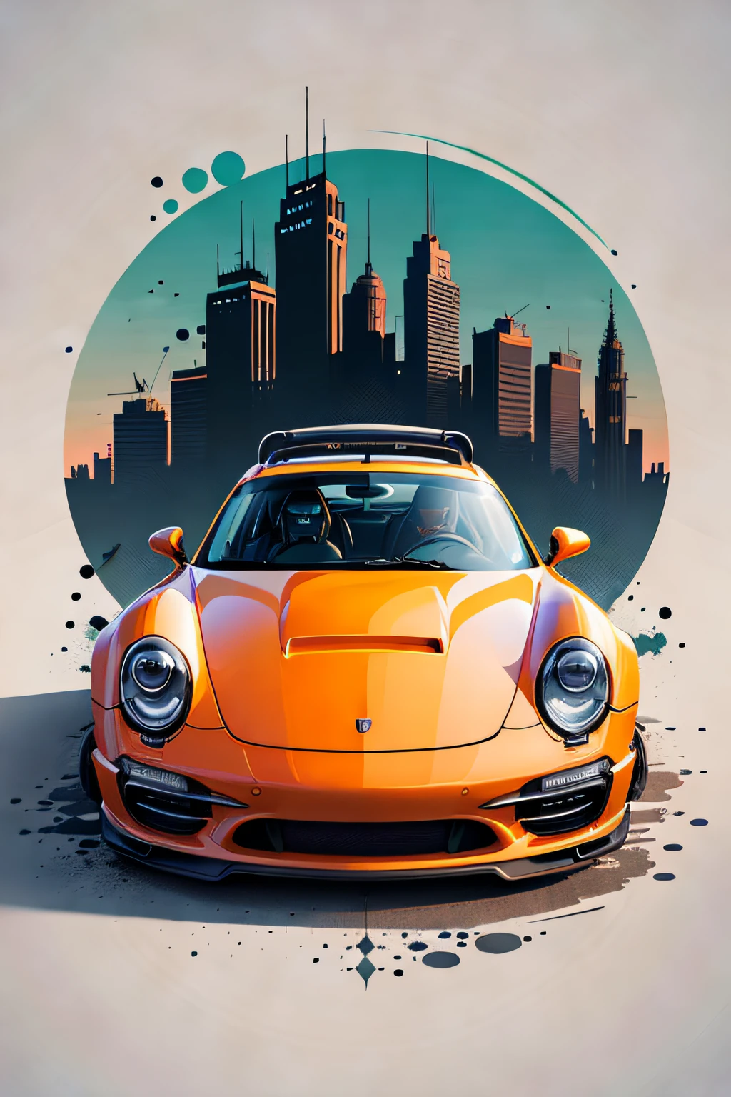 T-shirt design graphic art, porsche in city, vector art, clean background, digital painting, 8k