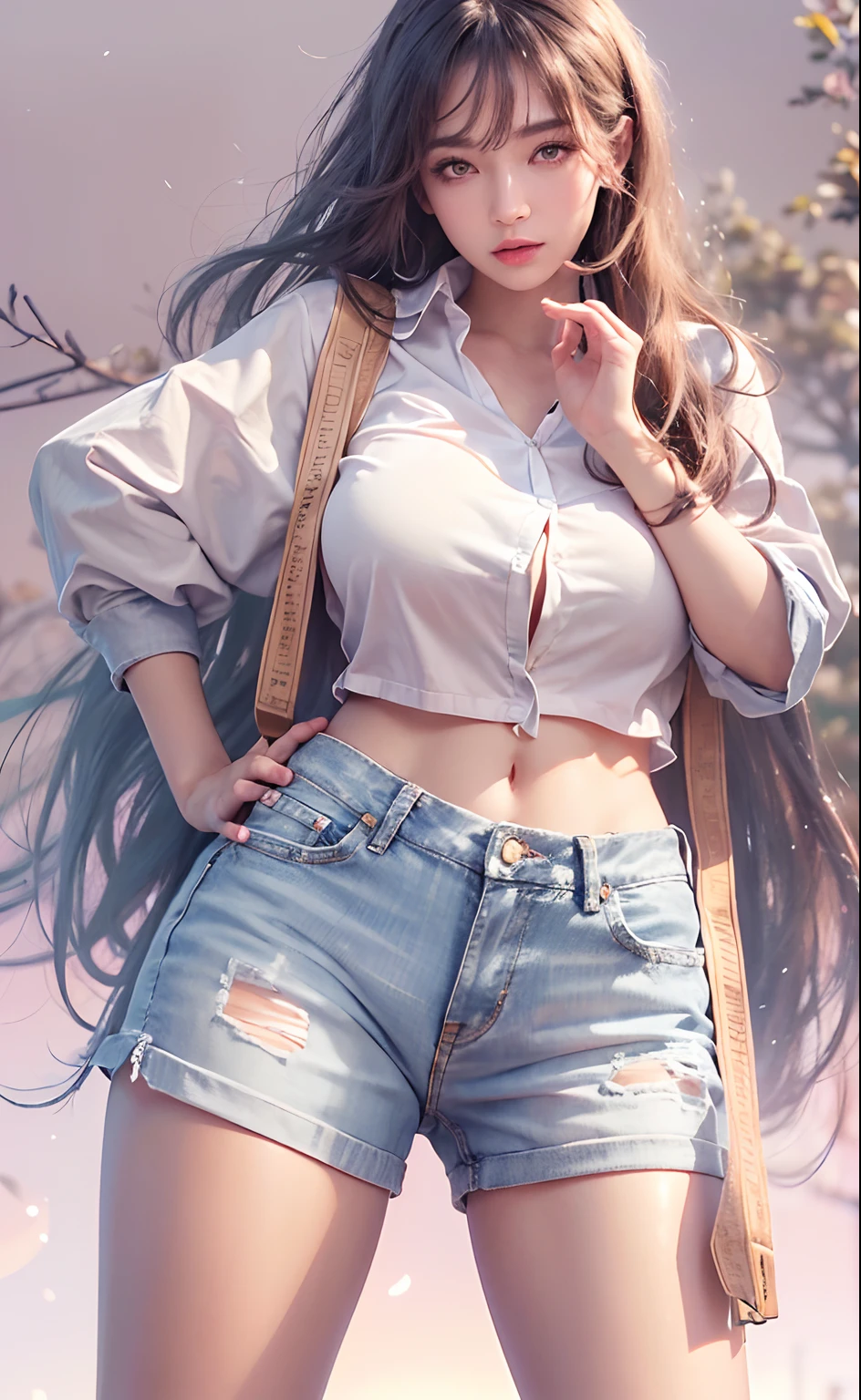 (Best quality, 8k, Masterpiece :1.3), (realistic, photorealistic: 1.37), (1girl), (Pretty woman in her 20s), (slim), (emphasizing slender abs :1.3), (Japanese), (loose white shirt, tight jean shorts that accentuate her big buttocks), (random pose), (wet body), (long hair, random hairstyle), (large breasts :1.3), (outdoors), (Ultra-detailed face), (Detailed eyes), (Double eyelids), (eyeshadow intensifying), (many eyelashes), (long legs), (professional lighting), (photon mapping), (radiosity), (looking directly at viewer)