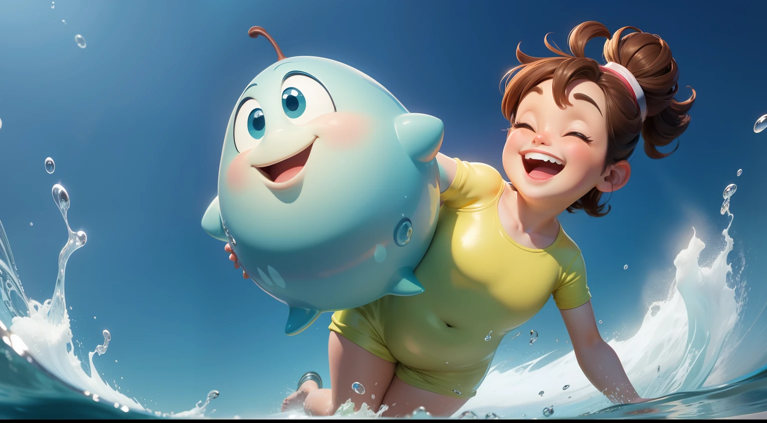 A pear-shaped character, with a happy expression, playing in the water,pixar disney cartoon style